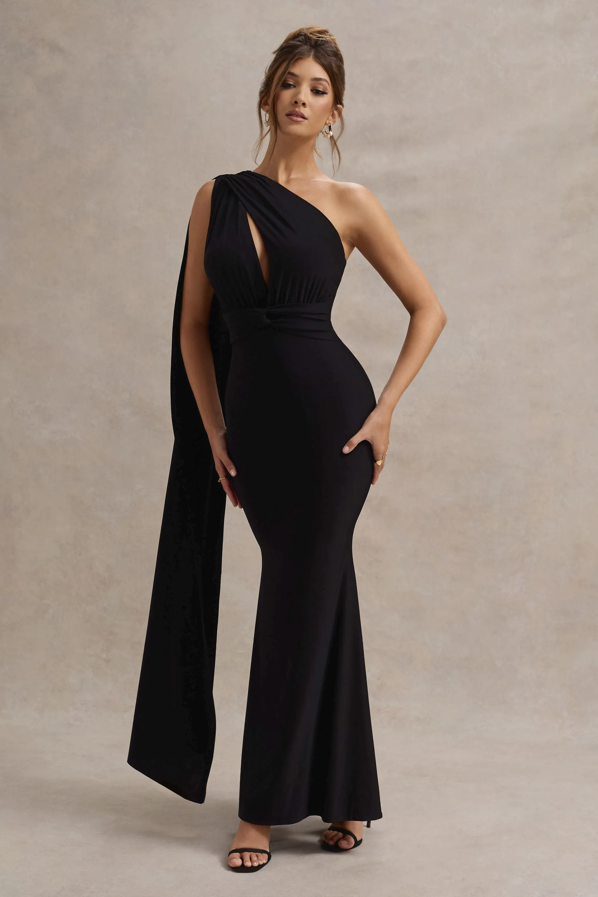 Elaina | Black Asymmetric Knot Maxi Dress With Sash Club L London