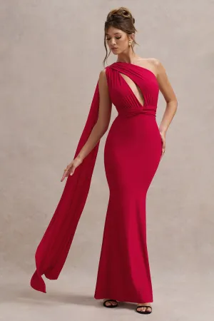 Elaina | Red Asymmetric Knot Maxi Dress With Sash Club L London