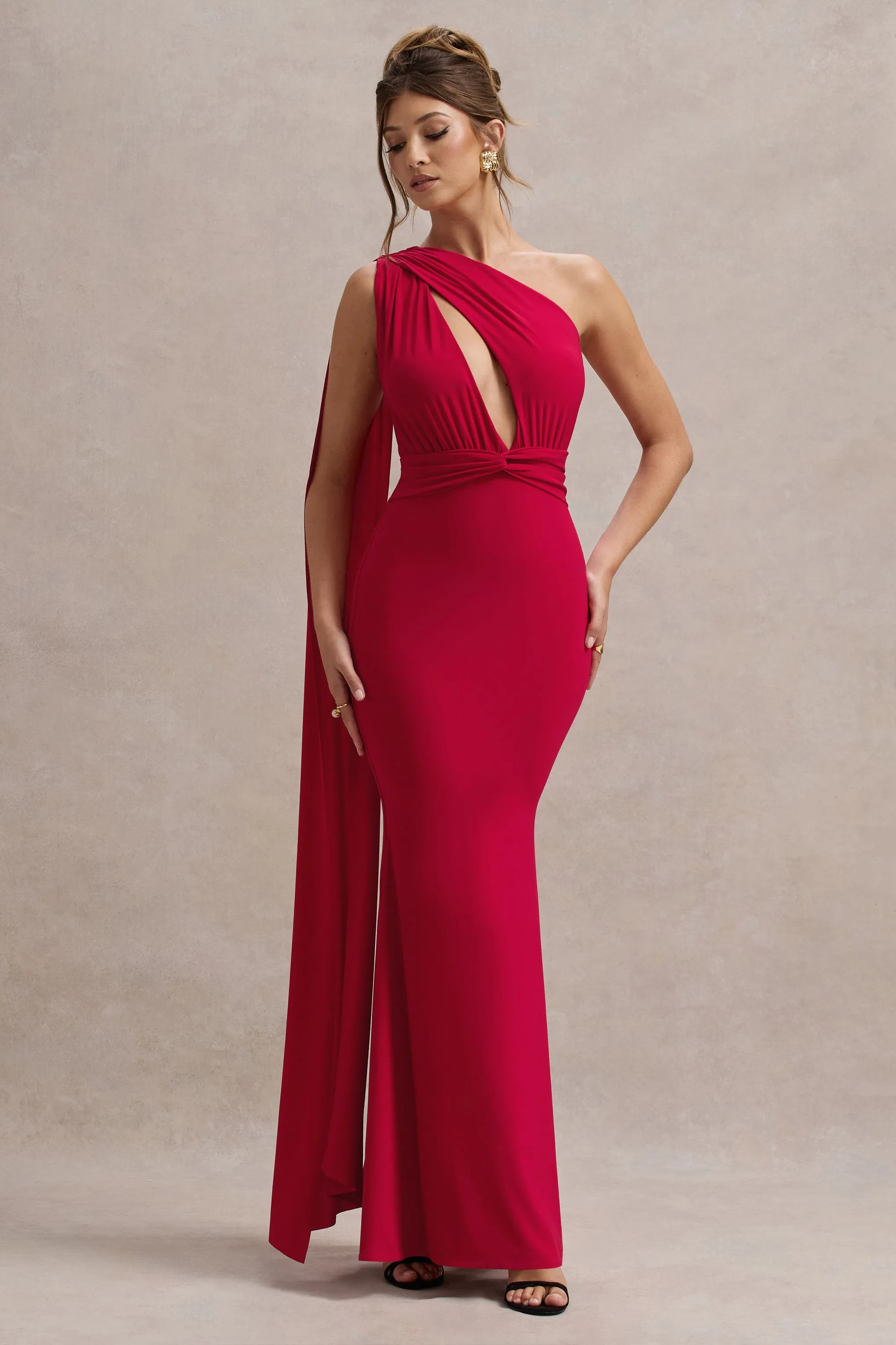 Elaina | Red Asymmetric Knot Maxi Dress With Sash Club L London