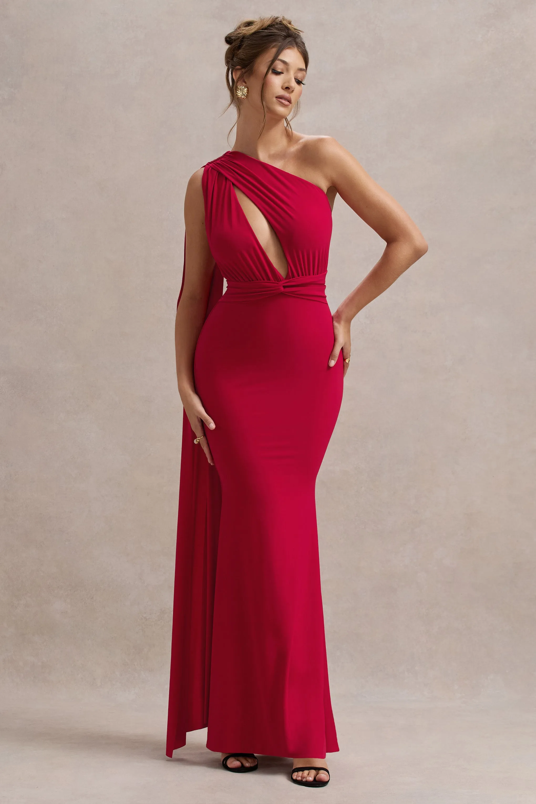 Elaina | Red Asymmetric Knot Maxi Dress With Sash Club L London