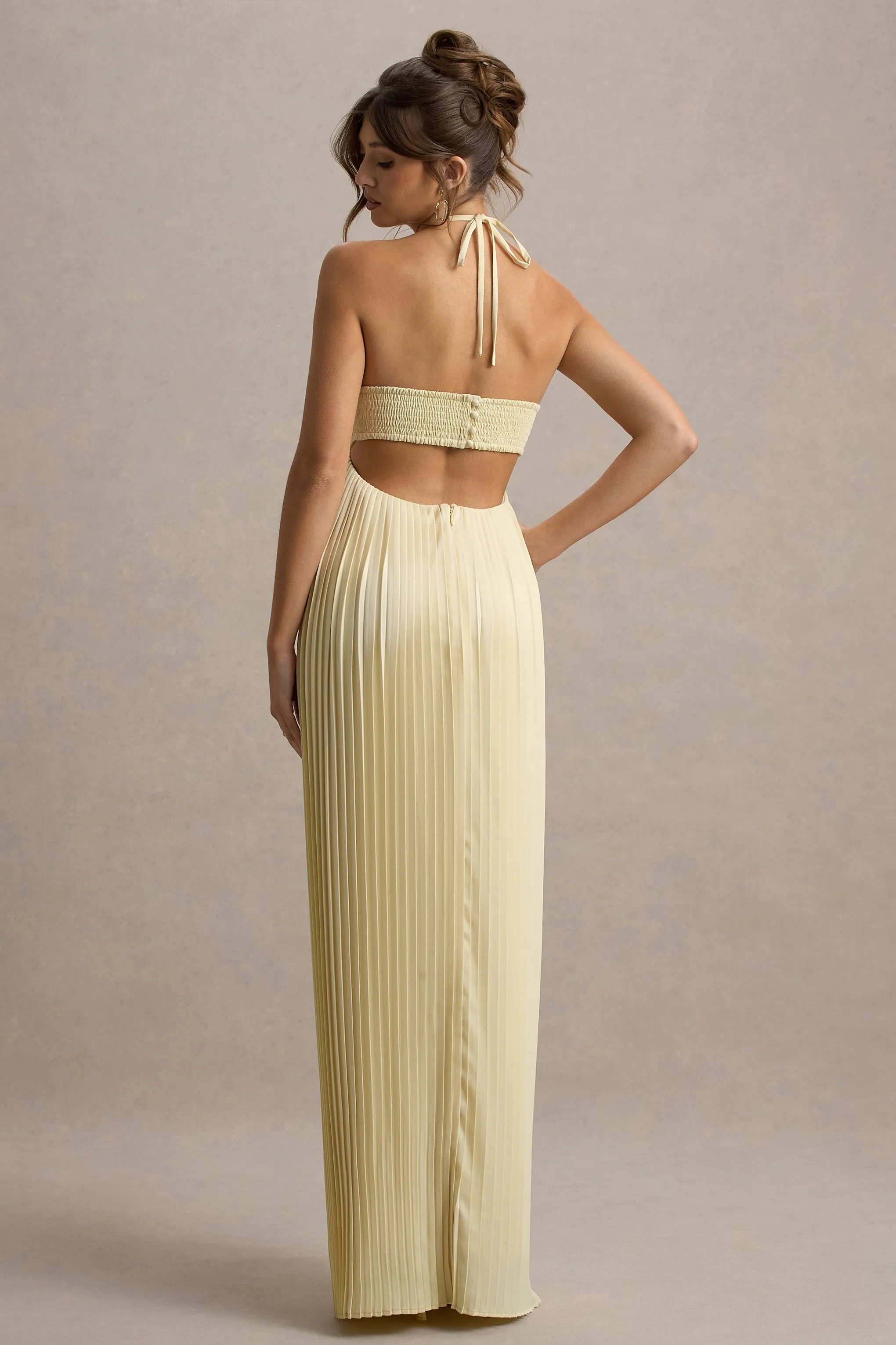 Elayne | Pale Lemon Halter-Neck Maxi Dress With Cut-Out Detail Club L London