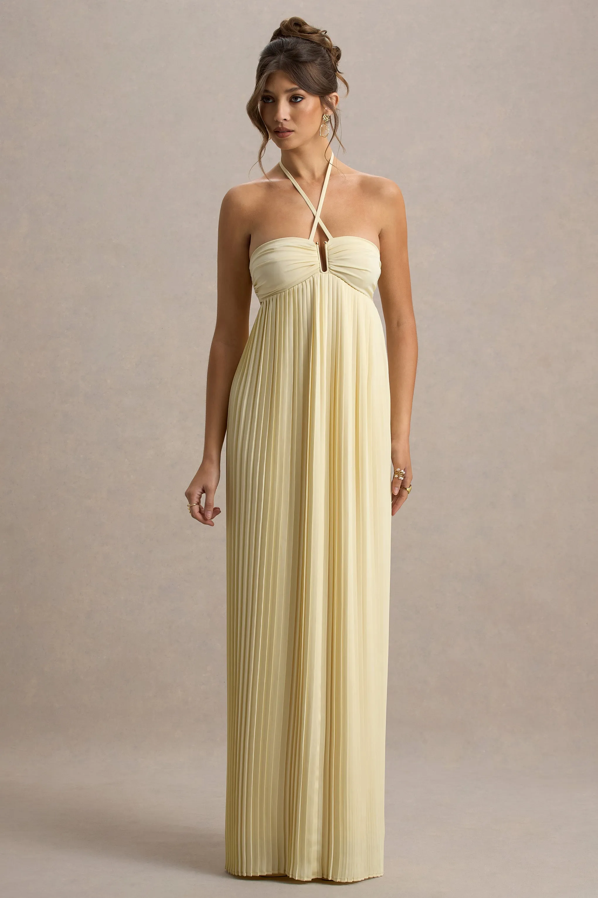 Elayne | Pale Lemon Halter-Neck Maxi Dress With Cut-Out Detail Club L London