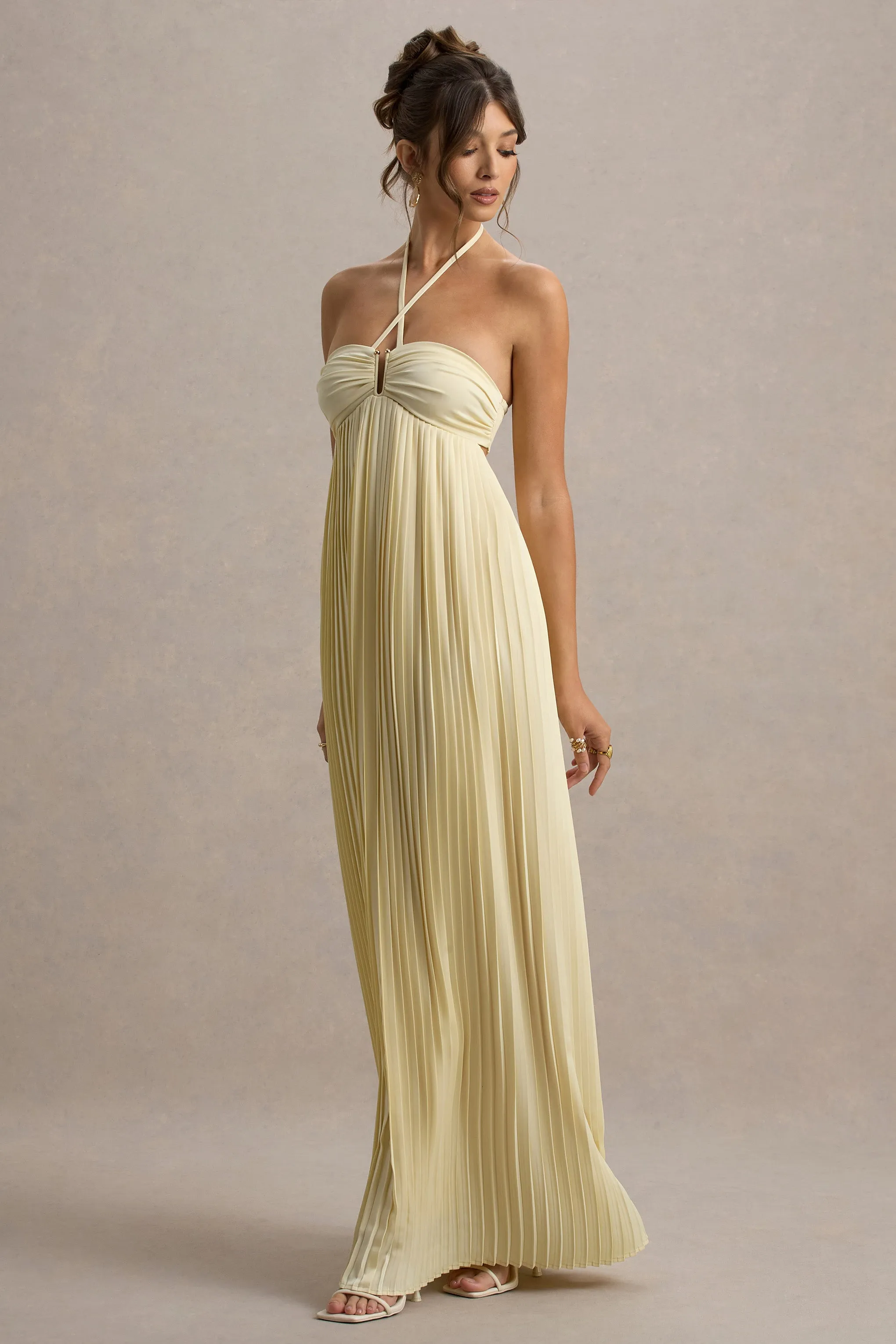 Elayne | Pale Lemon Halter-Neck Maxi Dress With Cut-Out Detail Club L London