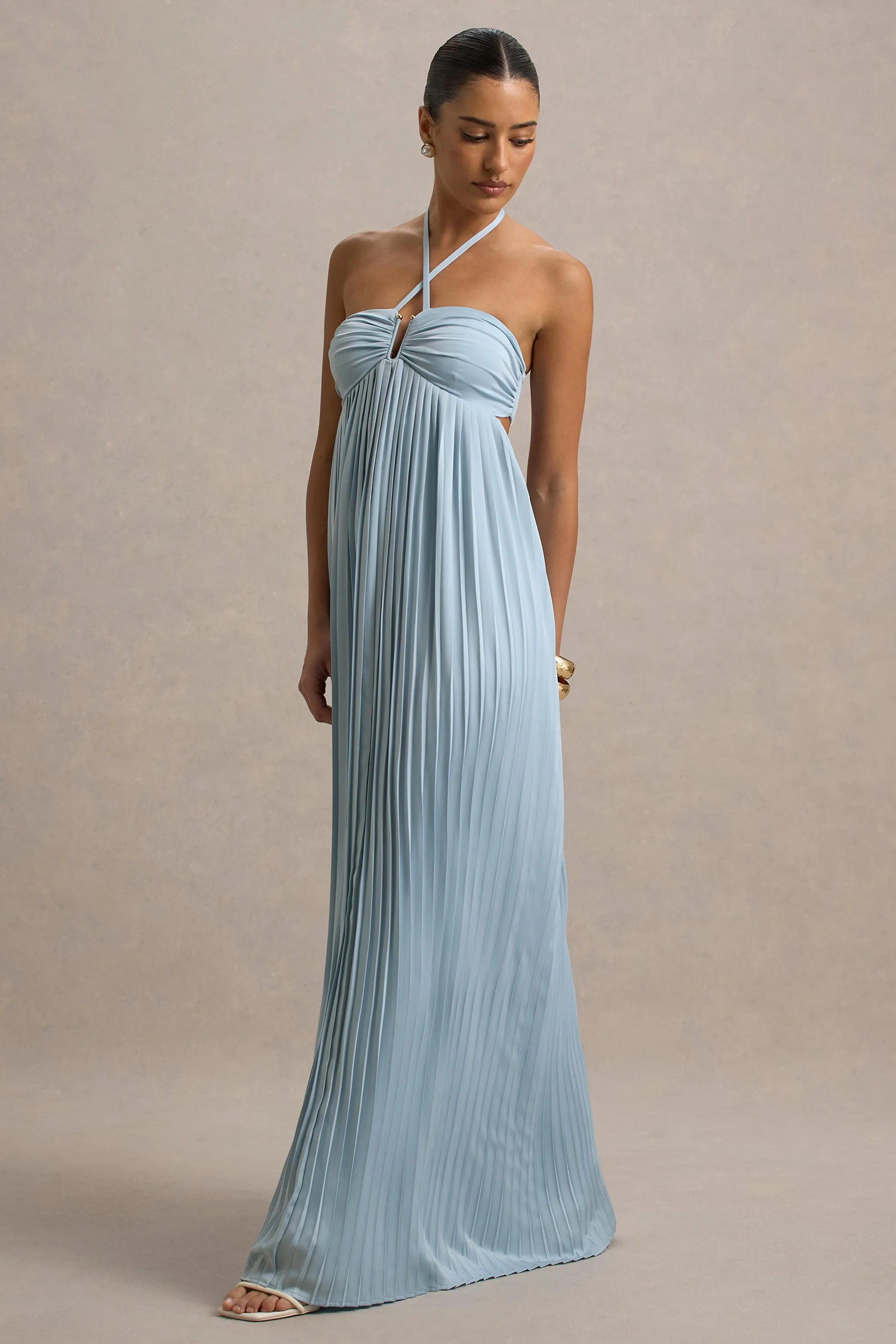 Elayne | Powder Blue Halter-Neck Maxi Dress With Cut-Out Detail Club L London