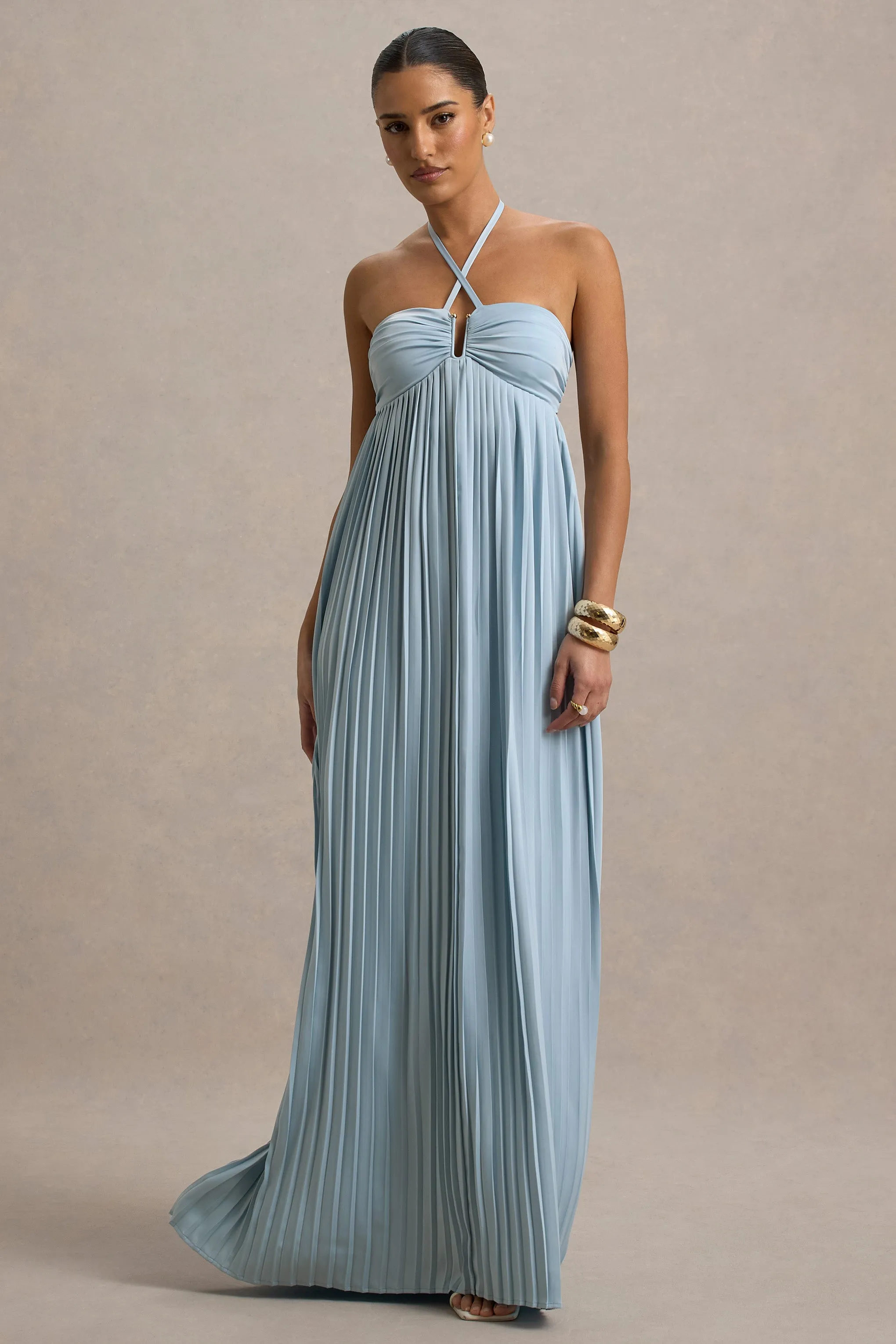 Elayne | Powder Blue Halter-Neck Maxi Dress With Cut-Out Detail Club L London