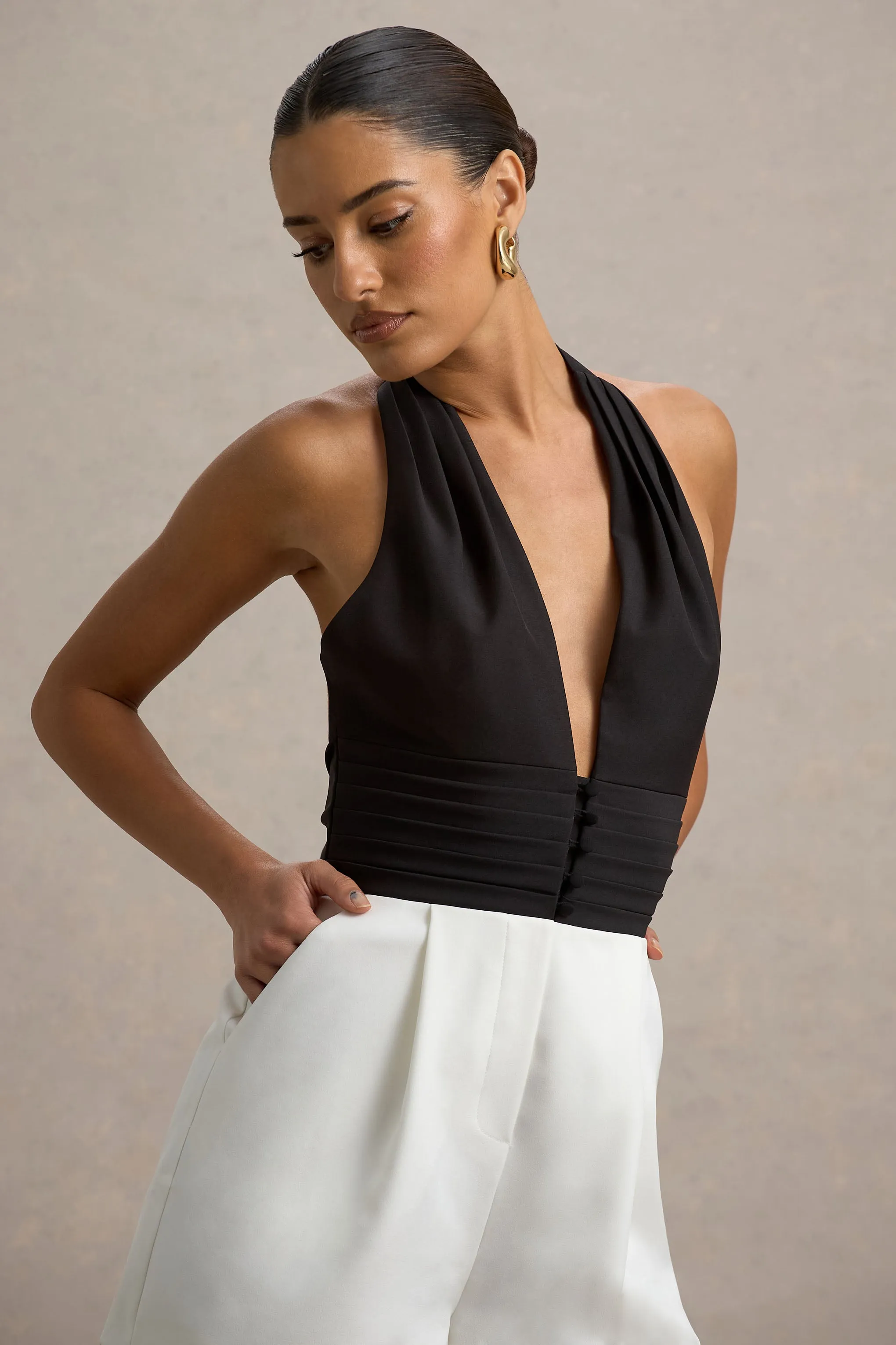 Elea | Black & Ecru Plunge-Neck Playsuit Club L London