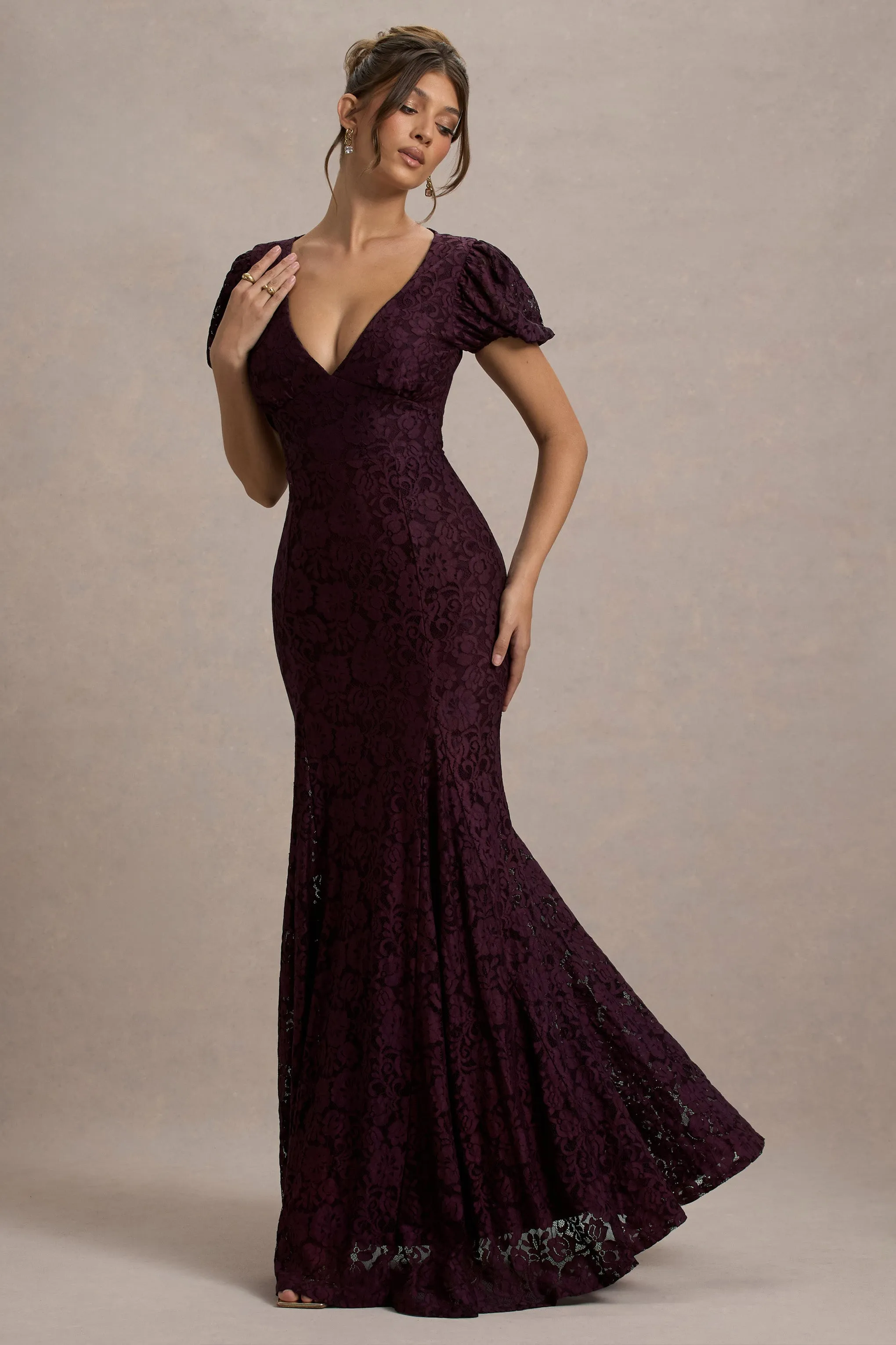 Elestria | Port Lace V-Neck Puff-Sleeve Maxi Dress Club L London