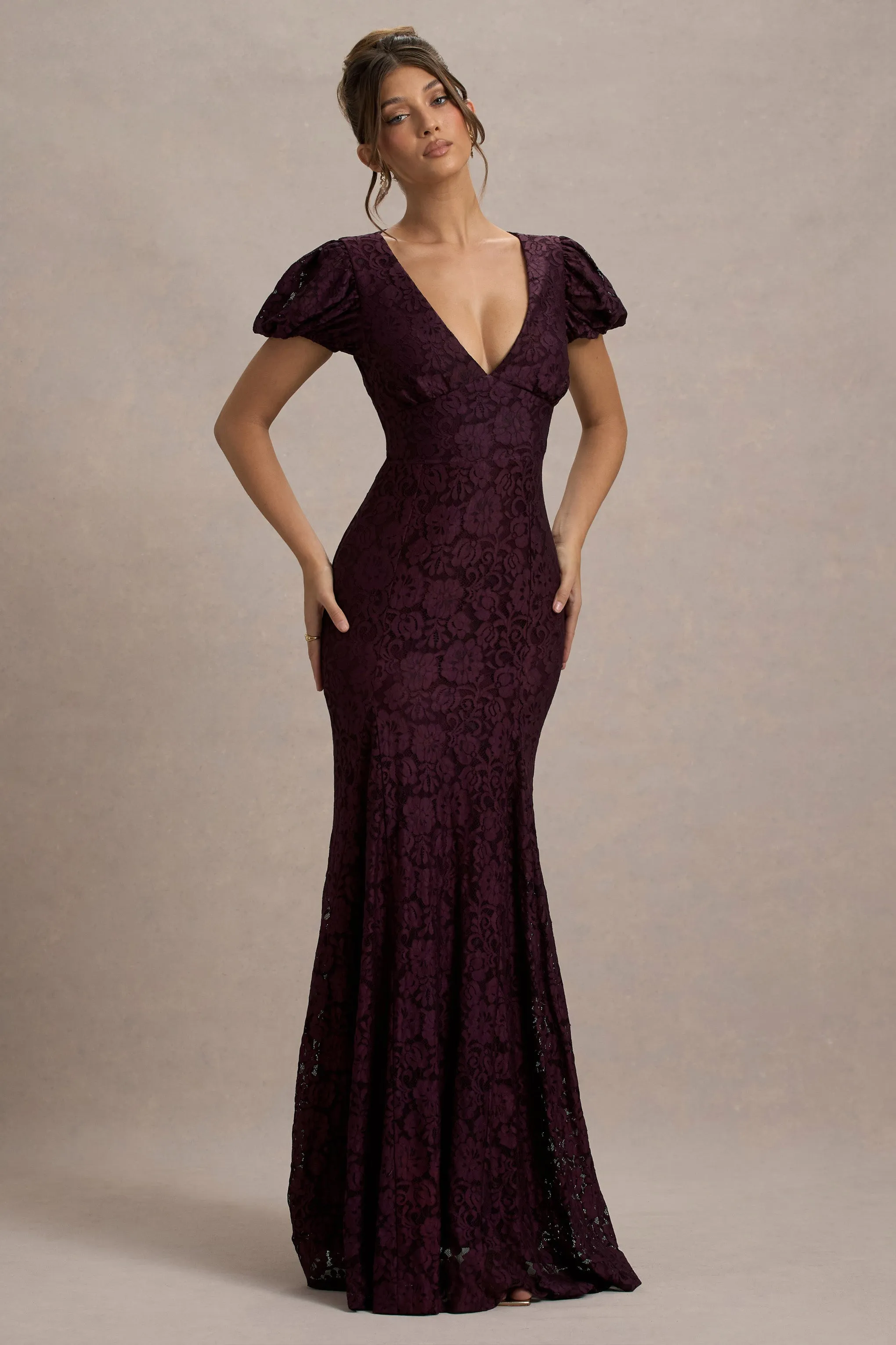 Elestria | Port Lace V-Neck Puff-Sleeve Maxi Dress Club L London