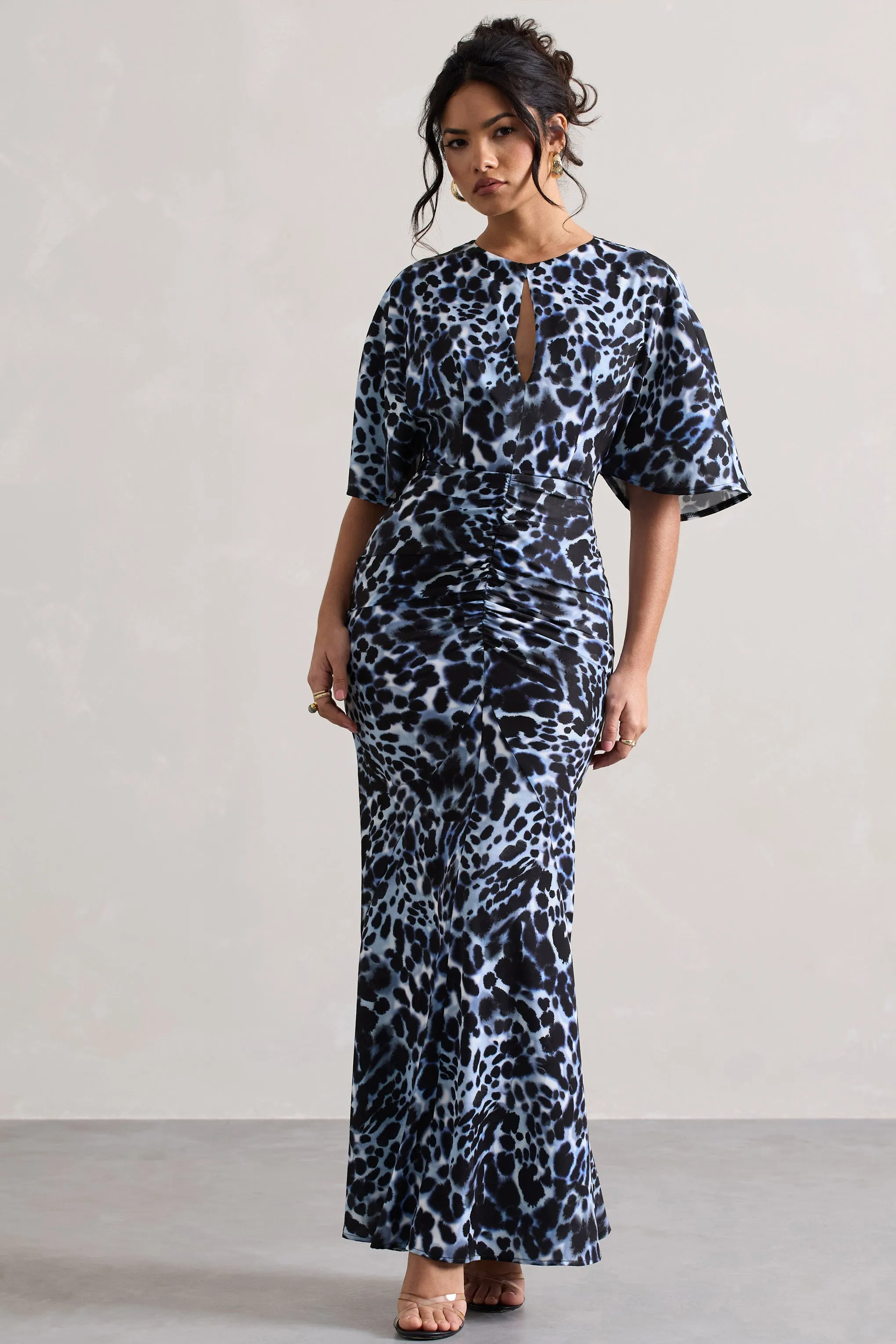 Elidy | Animal Print Ruched Flutter-Sleeve Cut-Out Maxi Dress Club L London
