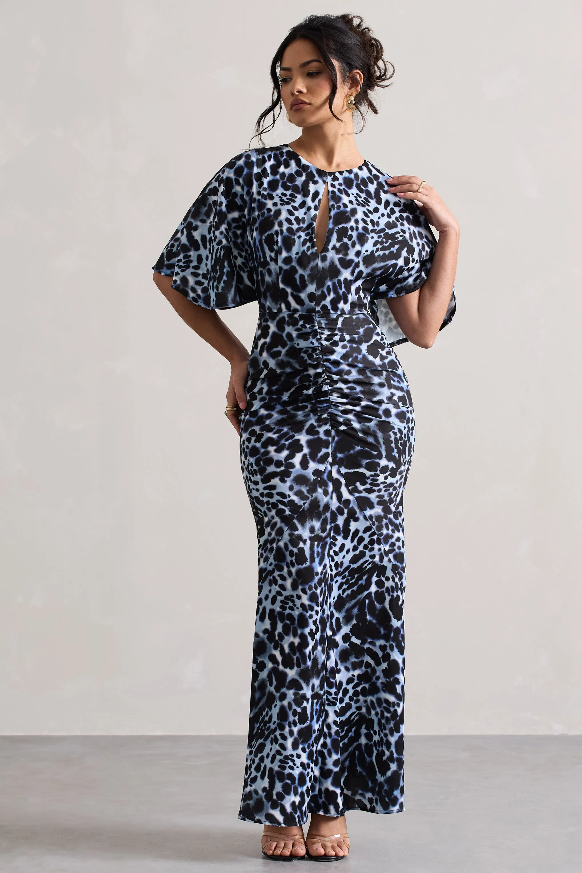 Elidy | Animal Print Ruched Flutter-Sleeve Cut-Out Maxi Dress Club L London