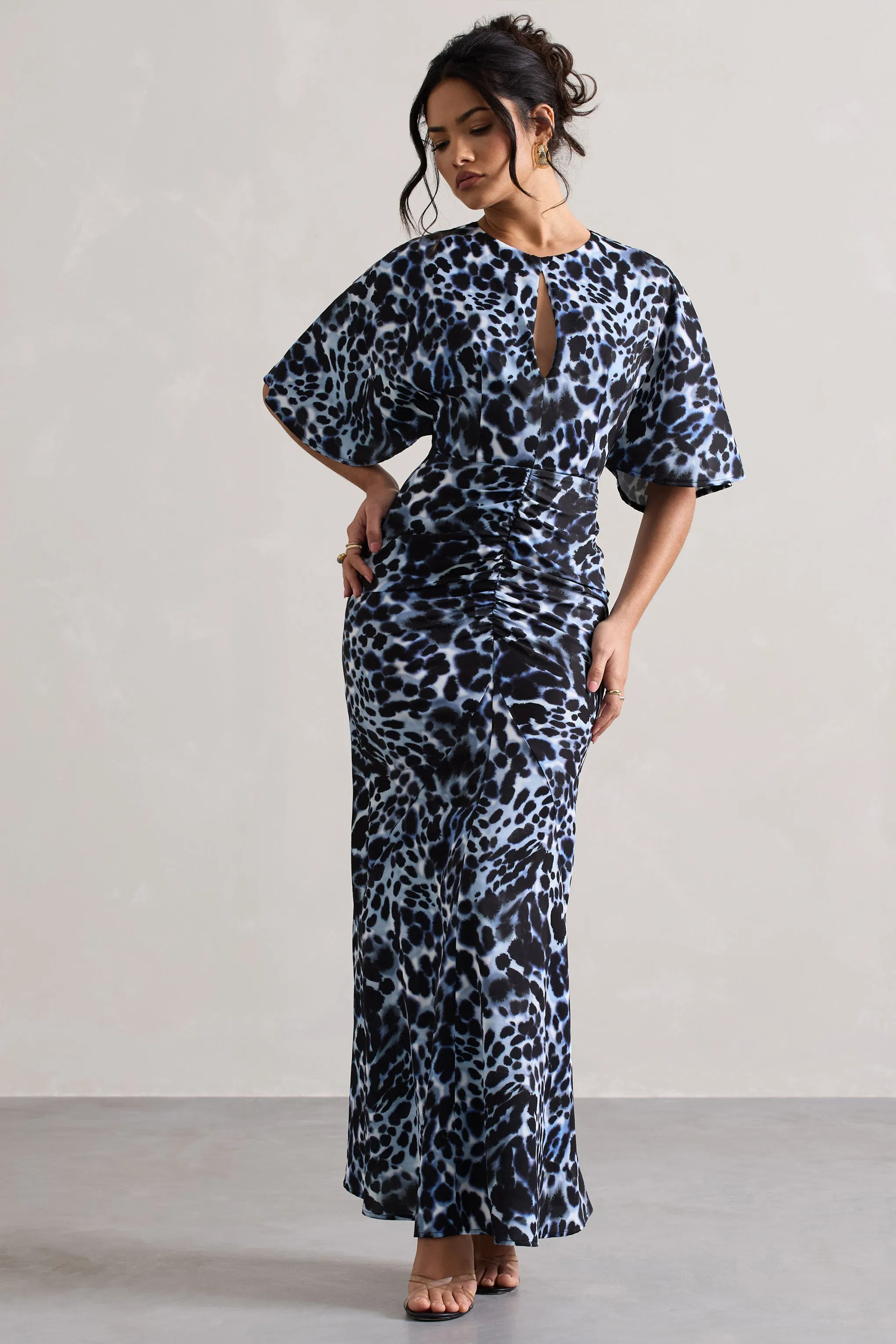 Elidy | Animal Print Ruched Flutter-Sleeve Cut-Out Maxi Dress Club L London