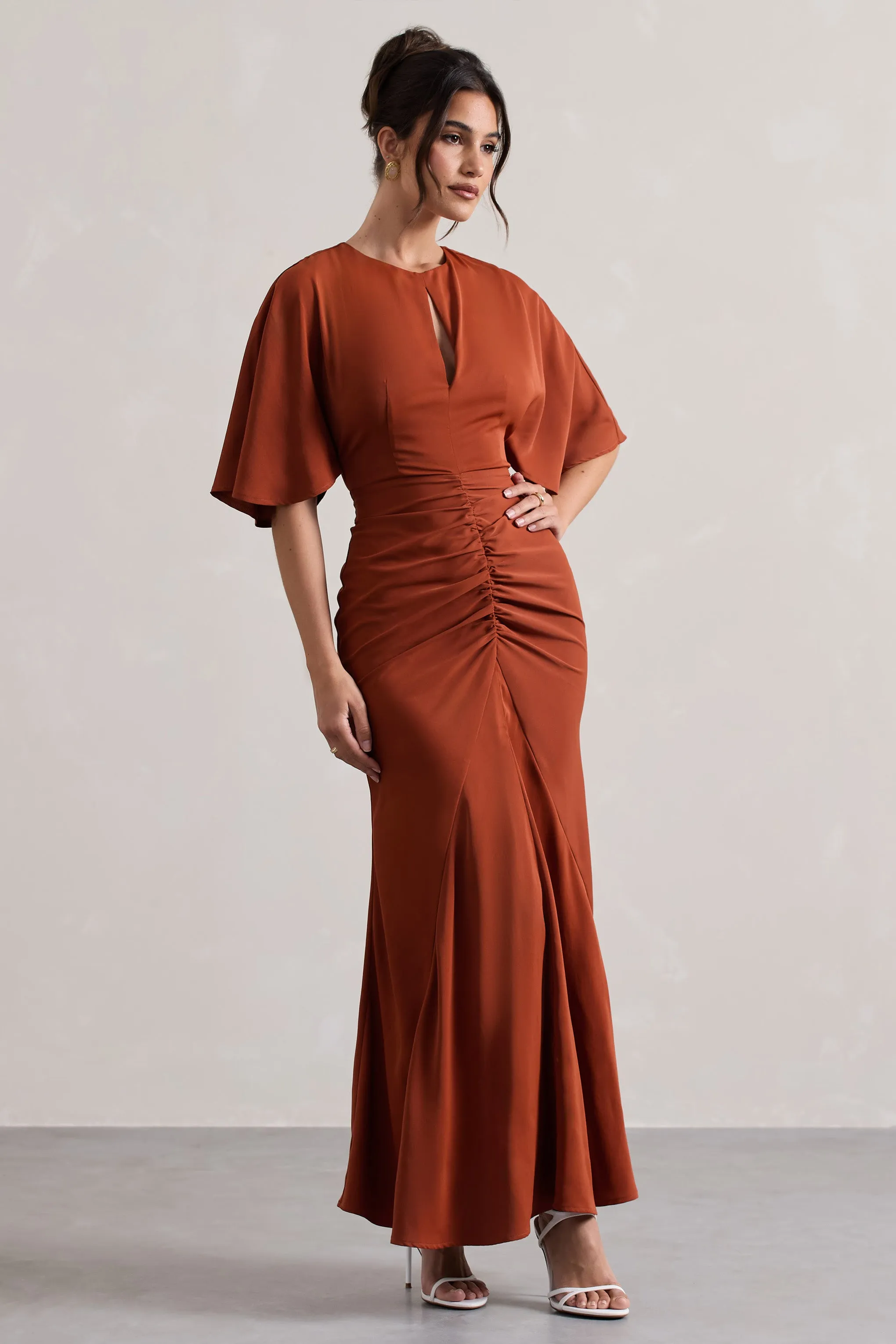 Elidy | Terracotta Ruched Flutter-Sleeve Cut-Out Maxi Dress Club L London