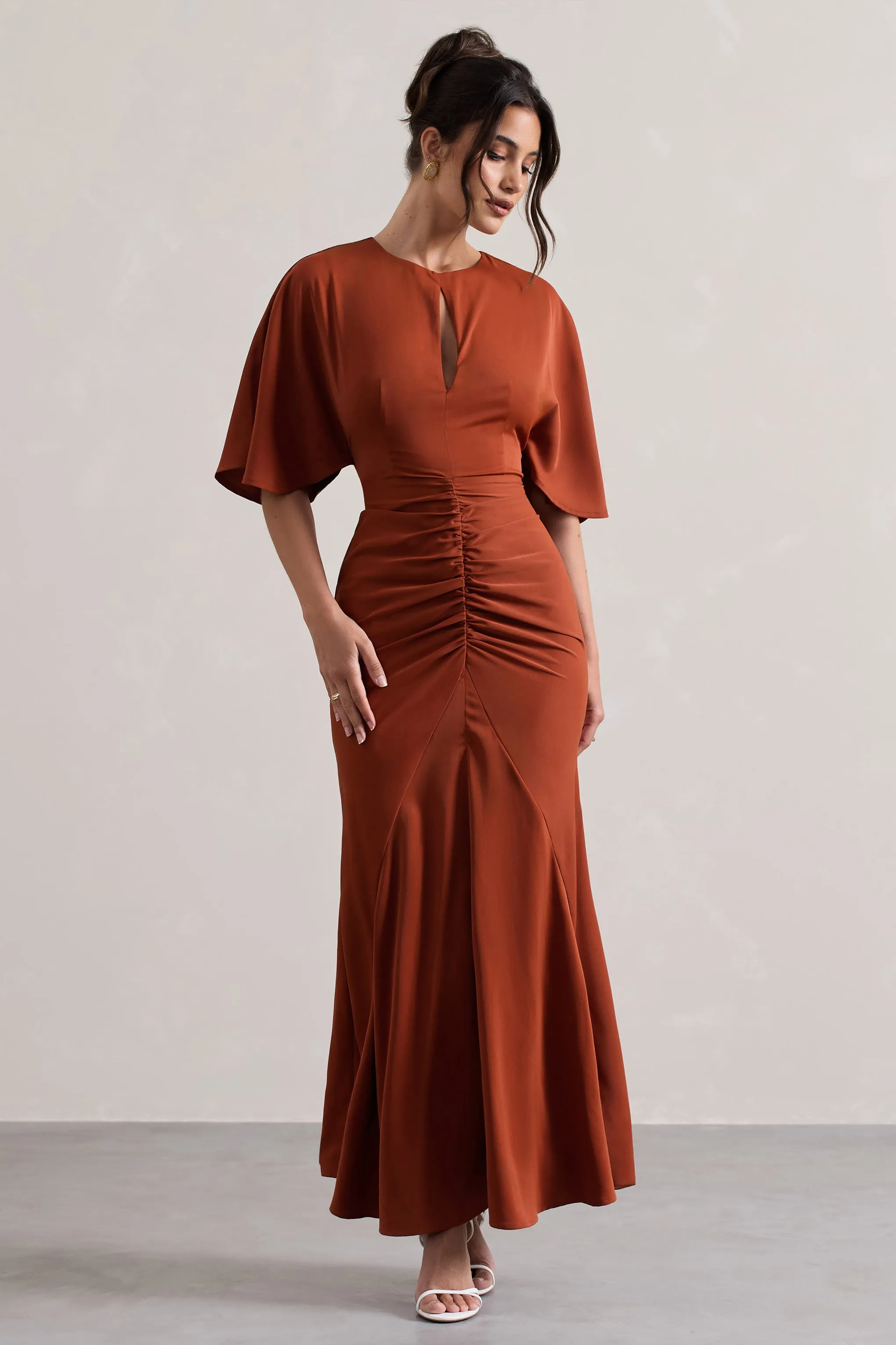 Elidy | Terracotta Ruched Flutter-Sleeve Cut-Out Maxi Dress Club L London