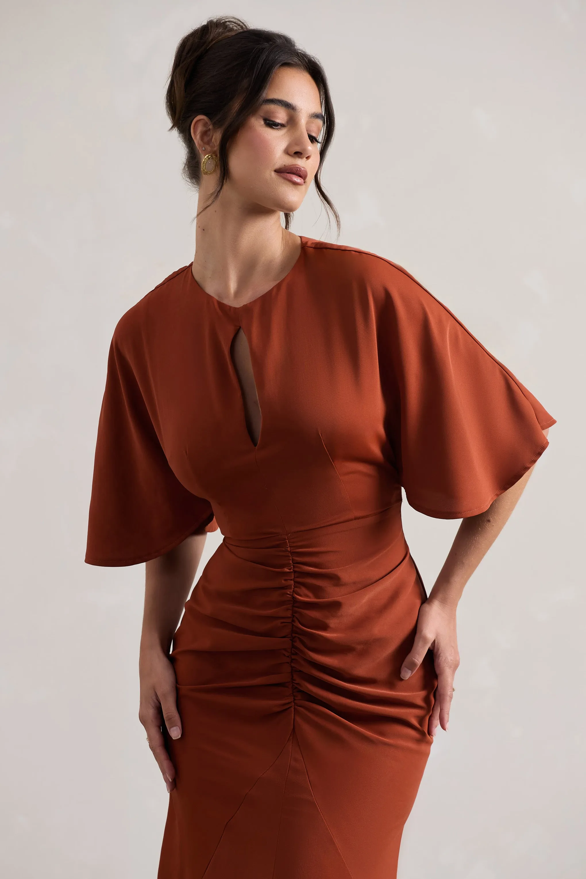 Elidy | Terracotta Ruched Flutter-Sleeve Cut-Out Maxi Dress Club L London