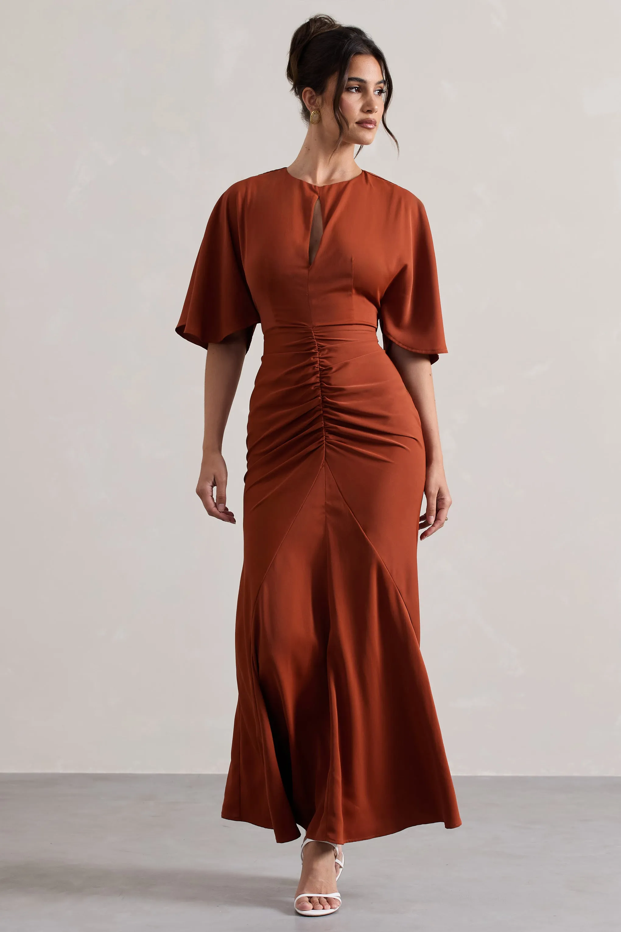 Elidy | Terracotta Ruched Flutter-Sleeve Cut-Out Maxi Dress Club L London