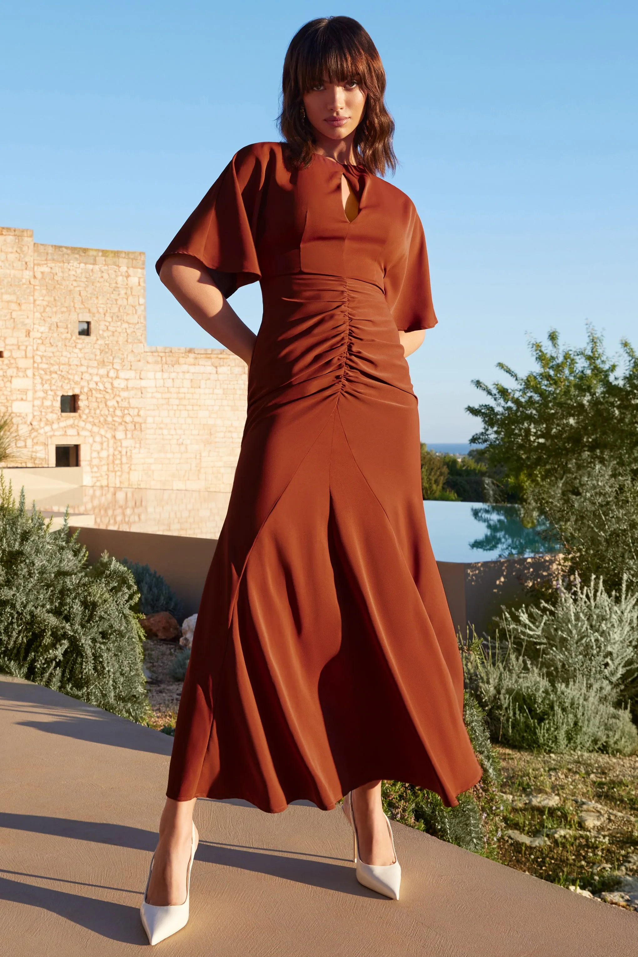 Elidy | Terracotta Ruched Flutter-Sleeve Cut-Out Maxi Dress Club L London