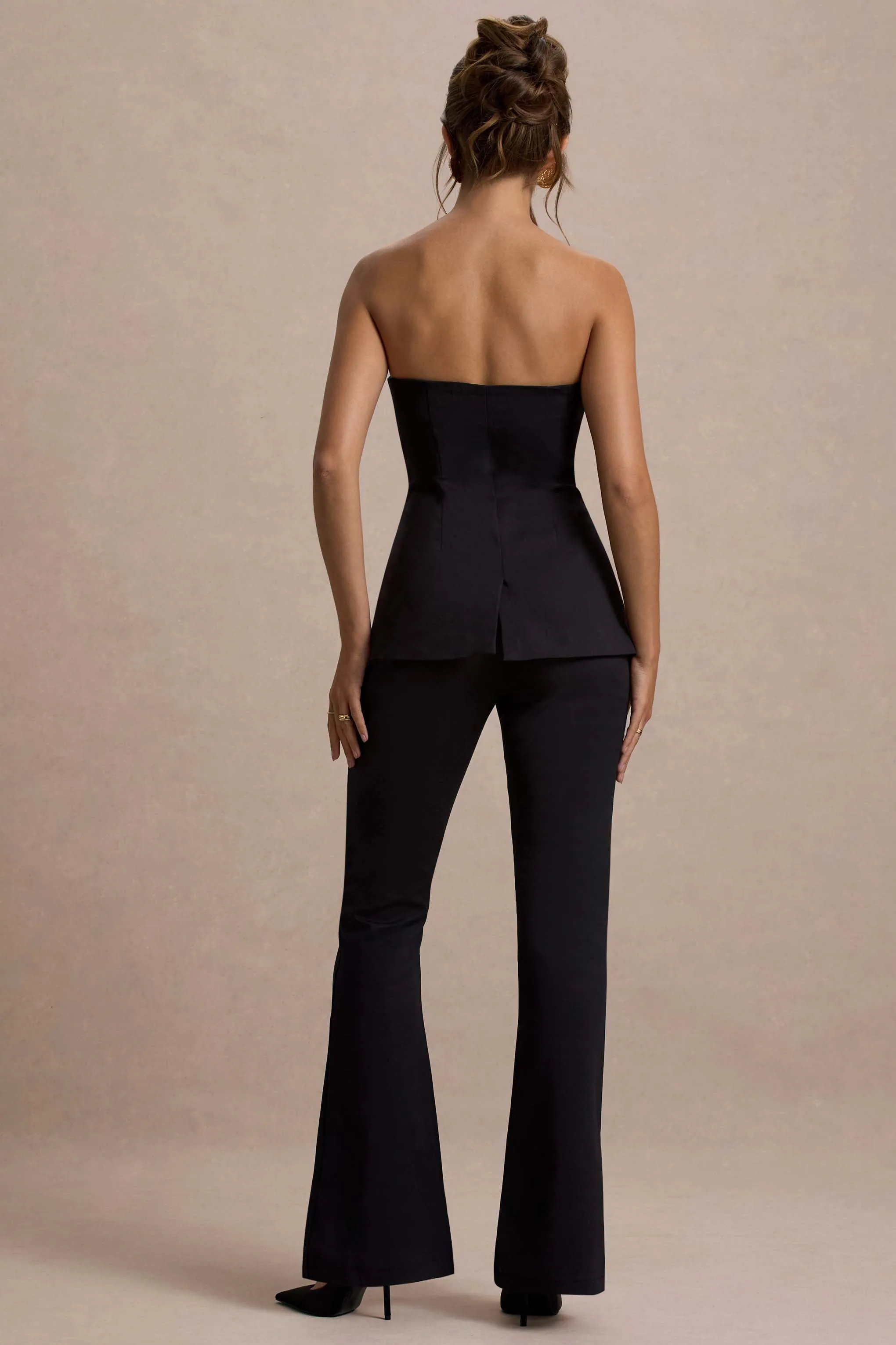 Elliana | Black Strapless Button Front Tailored Top Club L London