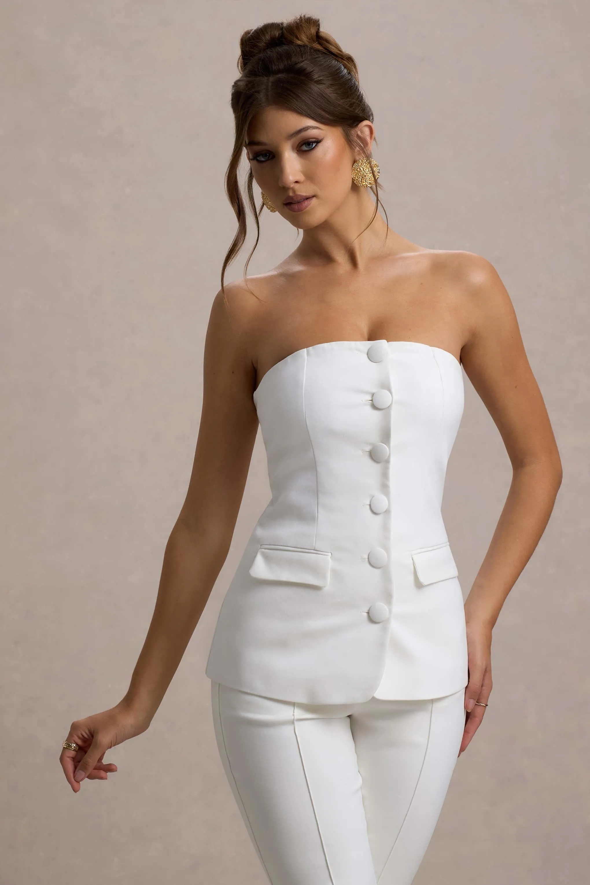 Elliana | White Strapless Button Front Tailored Top Club L London
