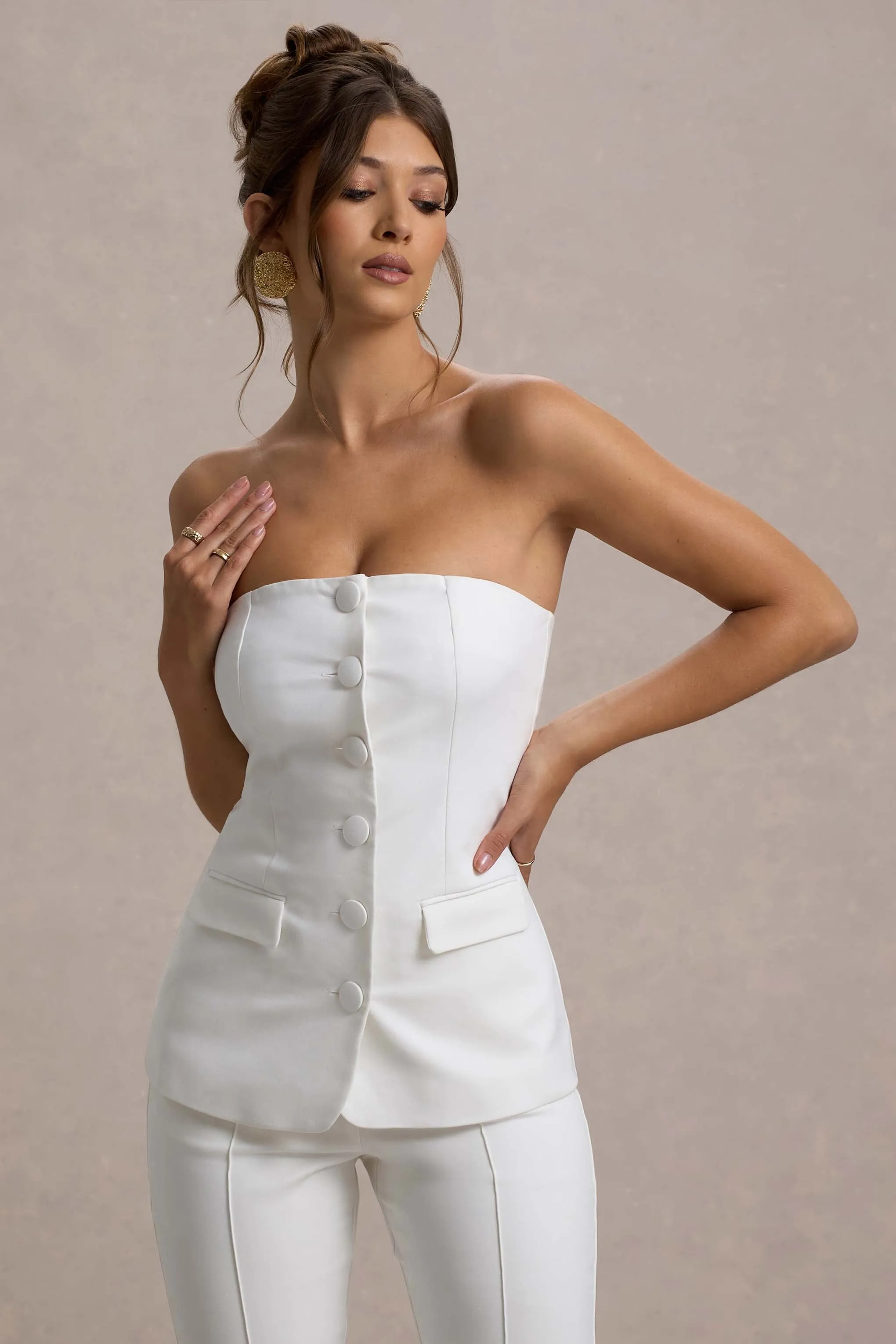 Elliana | White Strapless Button Front Tailored Top Club L London