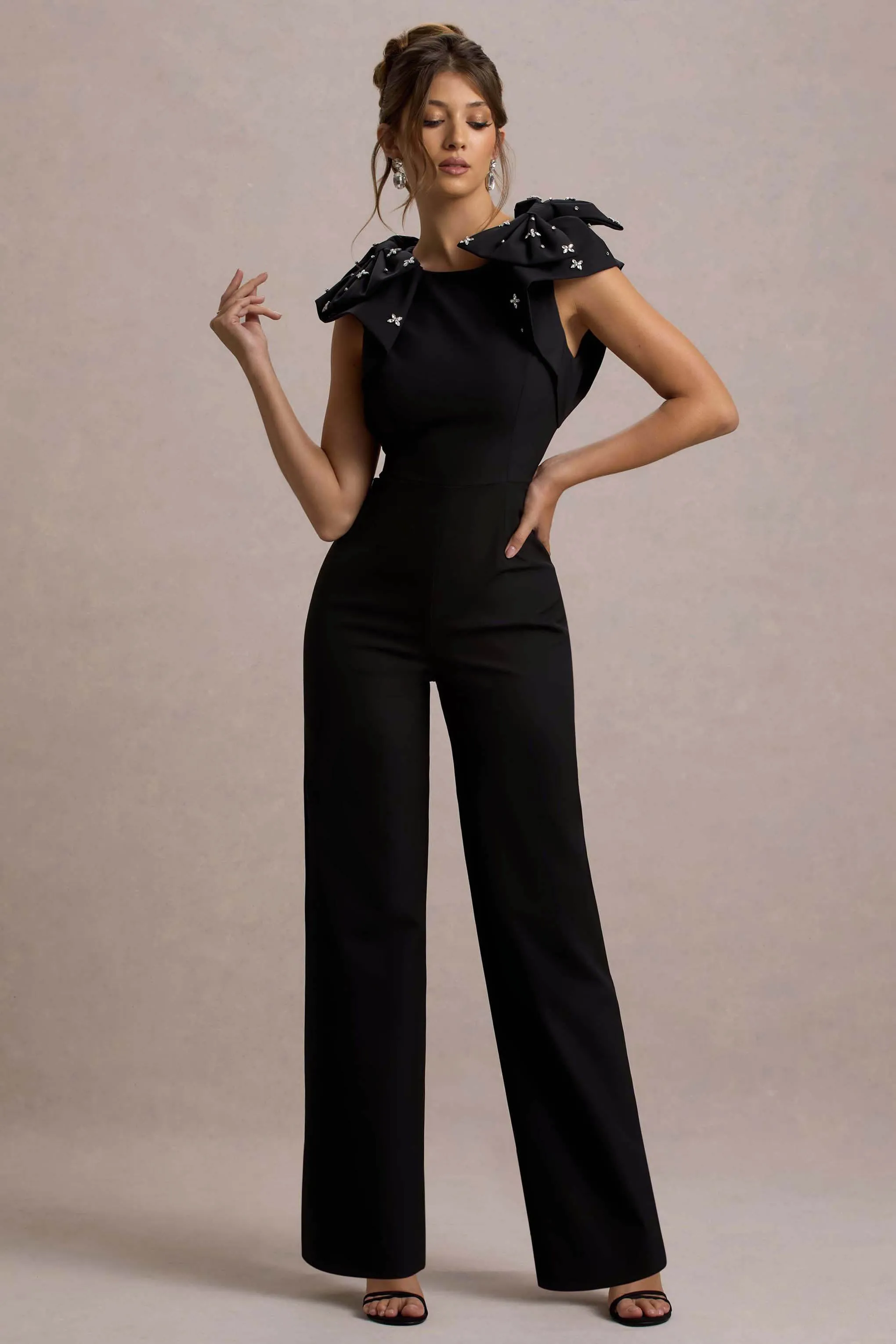 Elma | Black Straight-Leg Jumpsuit With Embellished Bows Club L London