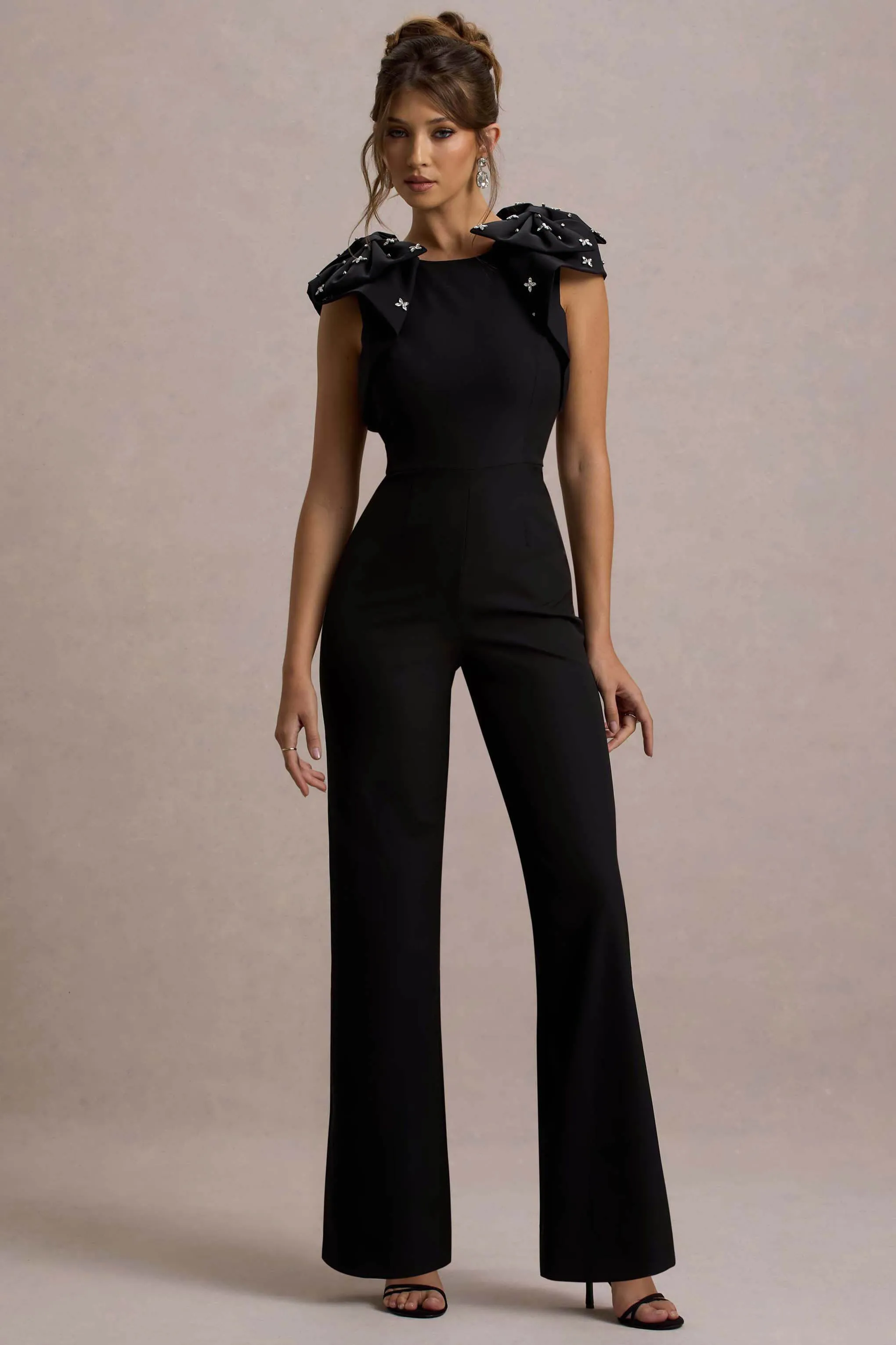 Elma | Black Straight-Leg Jumpsuit With Embellished Bows Club L London