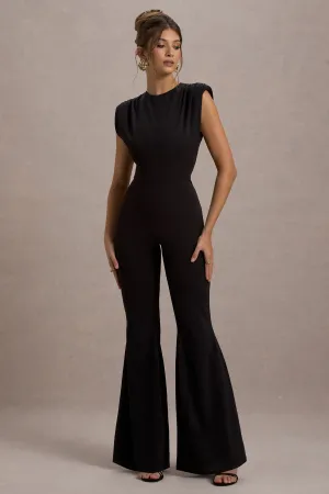 Elyna | Black High-Neck Draped Flared-Leg Jumpsuit Club L London