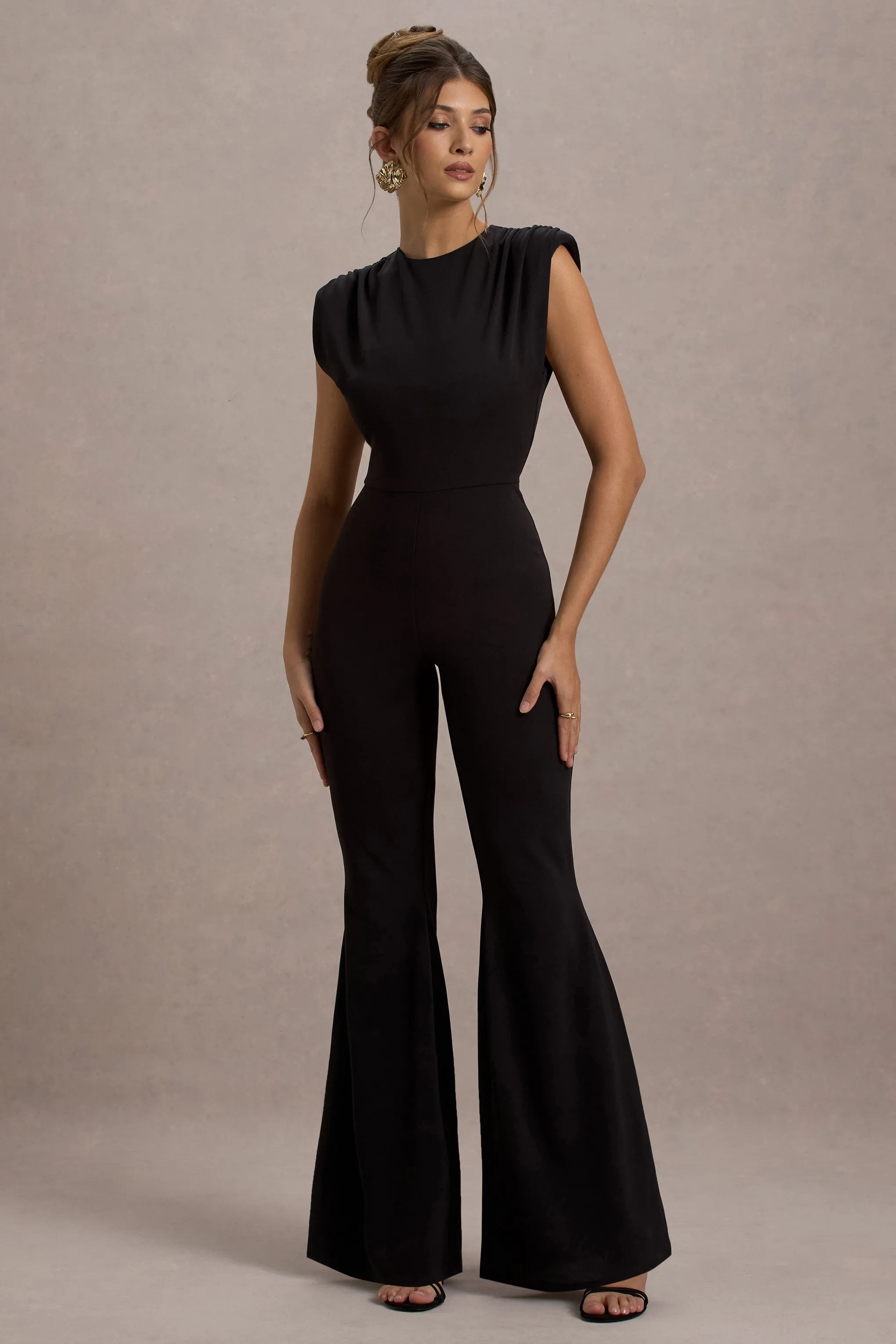 Elyna | Black High-Neck Draped Flared-Leg Jumpsuit Club L London