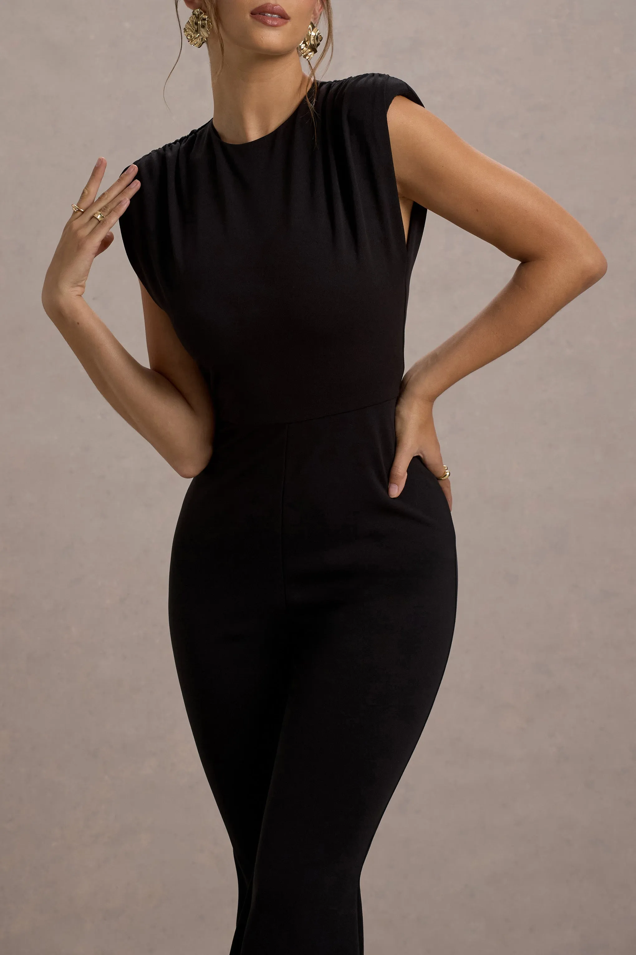 Elyna | Black High-Neck Draped Flared-Leg Jumpsuit Club L London
