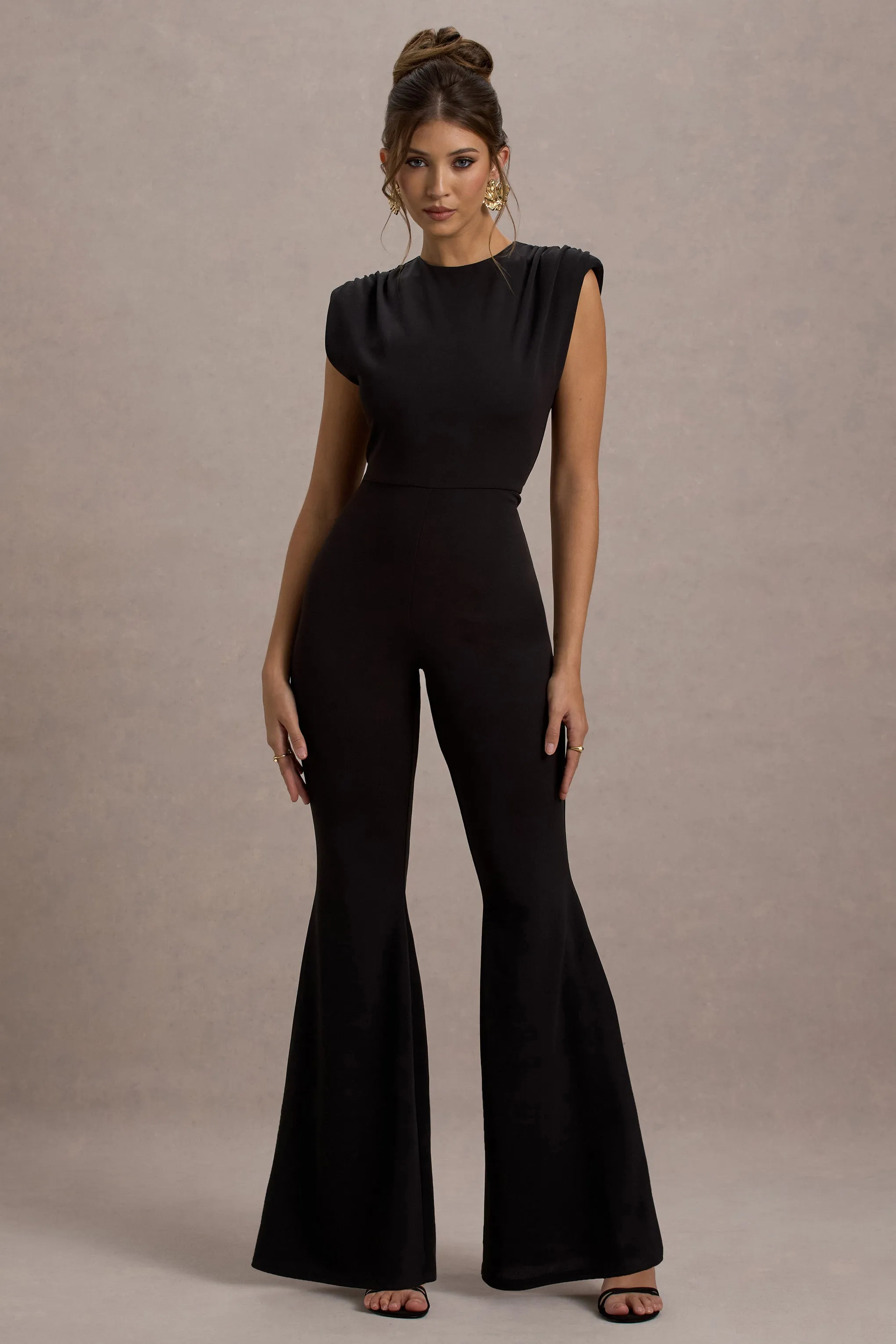Elyna | Black High-Neck Draped Flared-Leg Jumpsuit Club L London