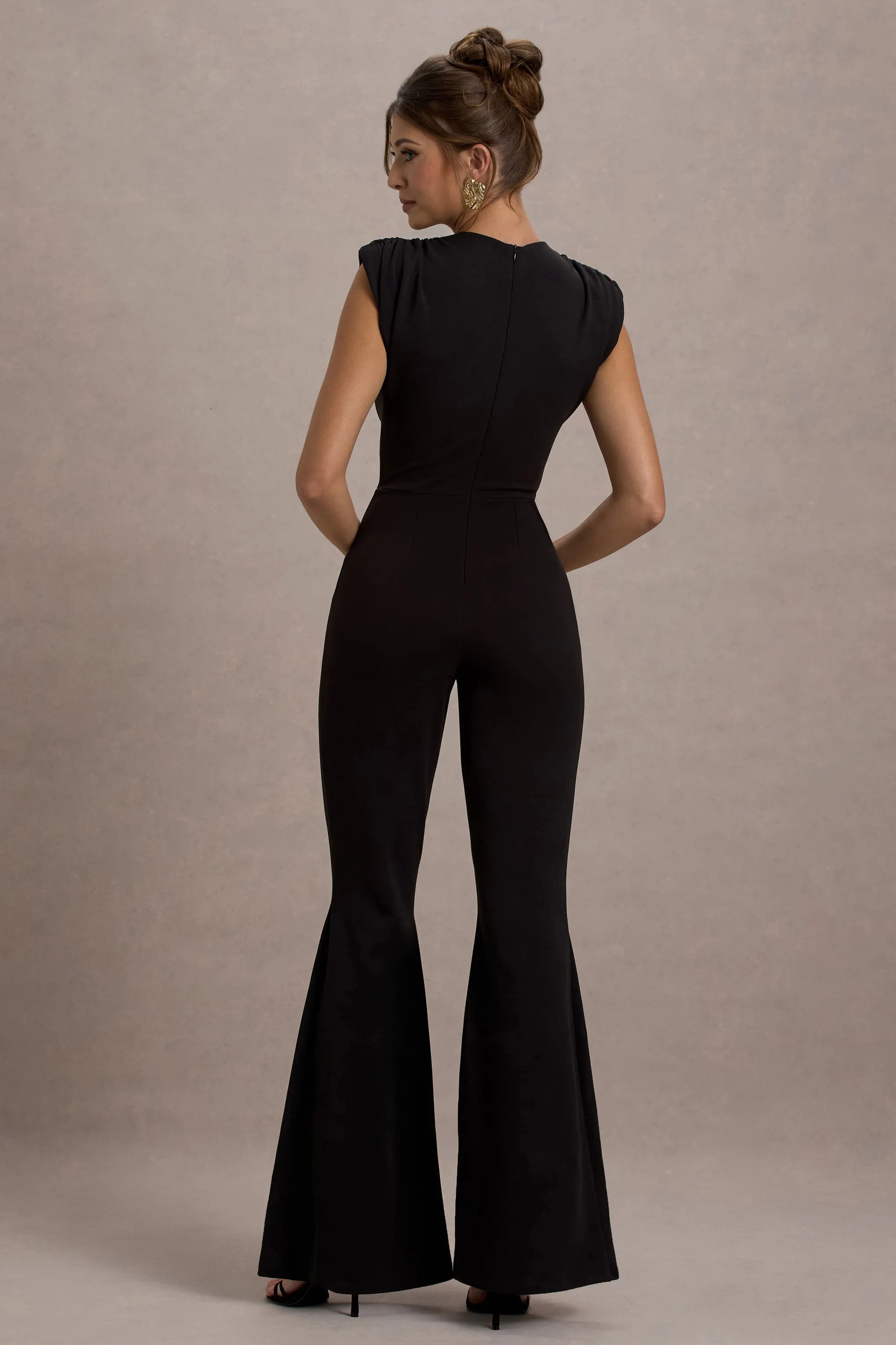 Elyna | Black High-Neck Draped Flared-Leg Jumpsuit Club L London
