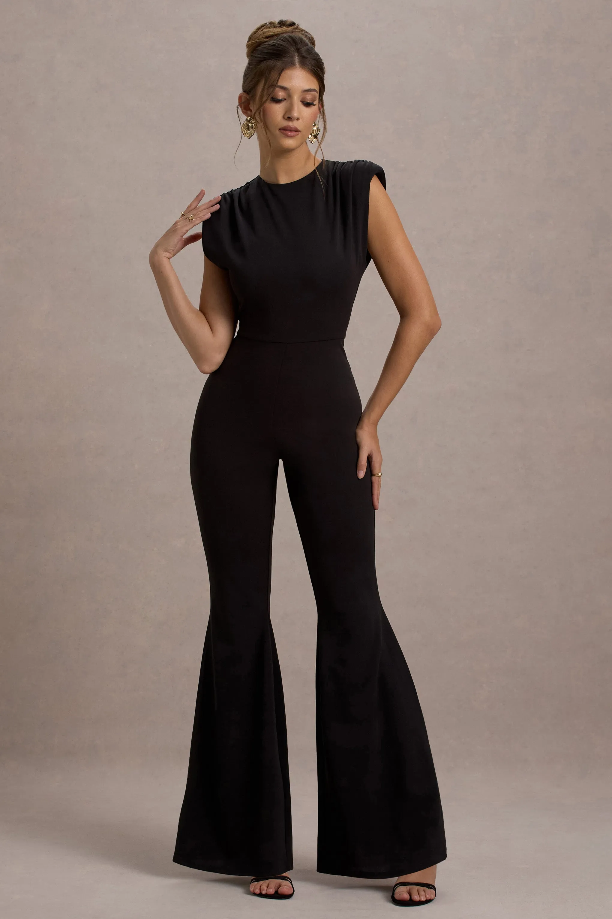 Elyna | Black High-Neck Draped Flared-Leg Jumpsuit Club L London