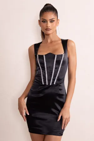 Elyse | Black Satin Reverse Sweetheart Neckline Corset Mini Dress With Diamante Detail Club L London