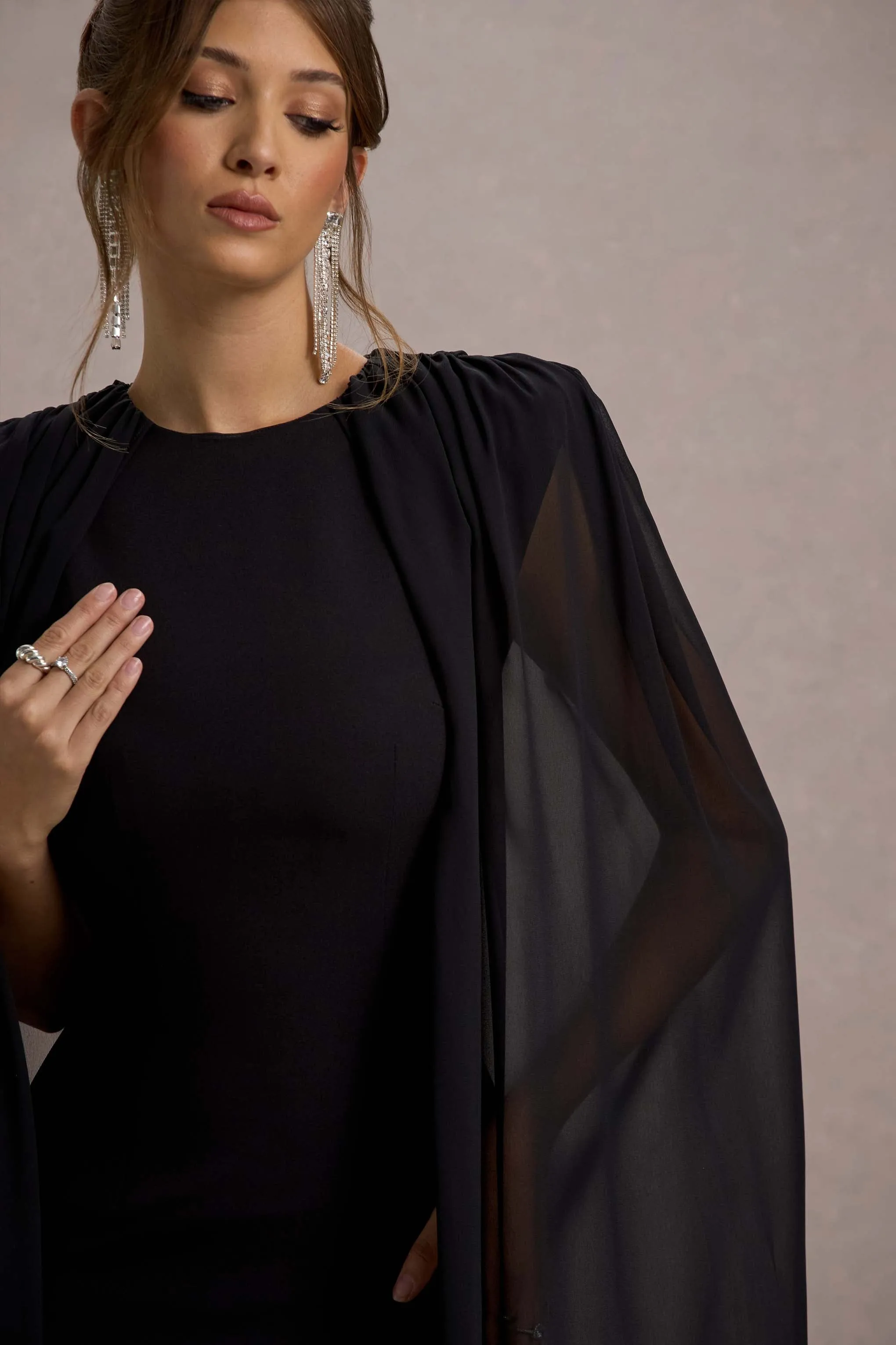 Elysium | Black Bodycon Mini Dress With Chiffon Cape Club L London