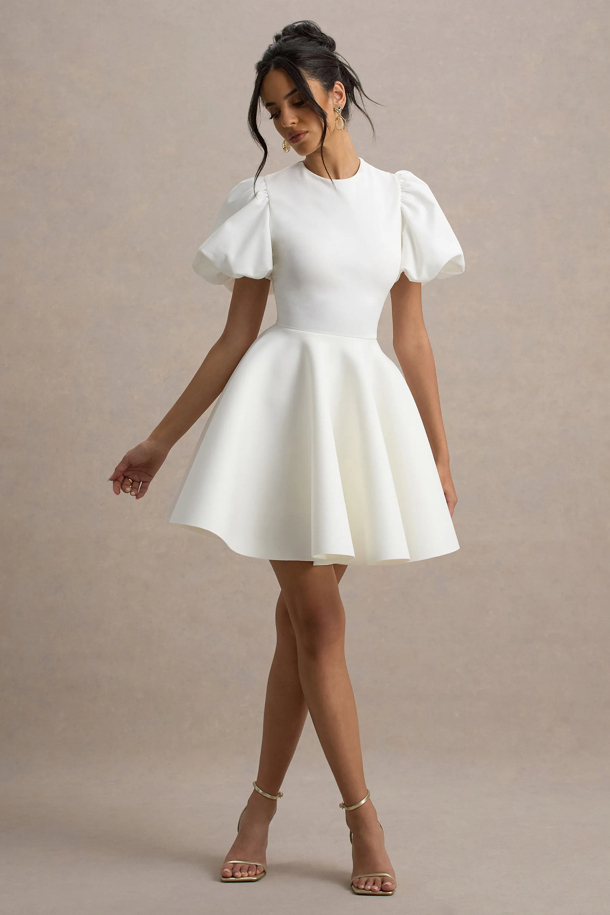 Emelia | White Puff-Sleeve Skater Dress Club L London