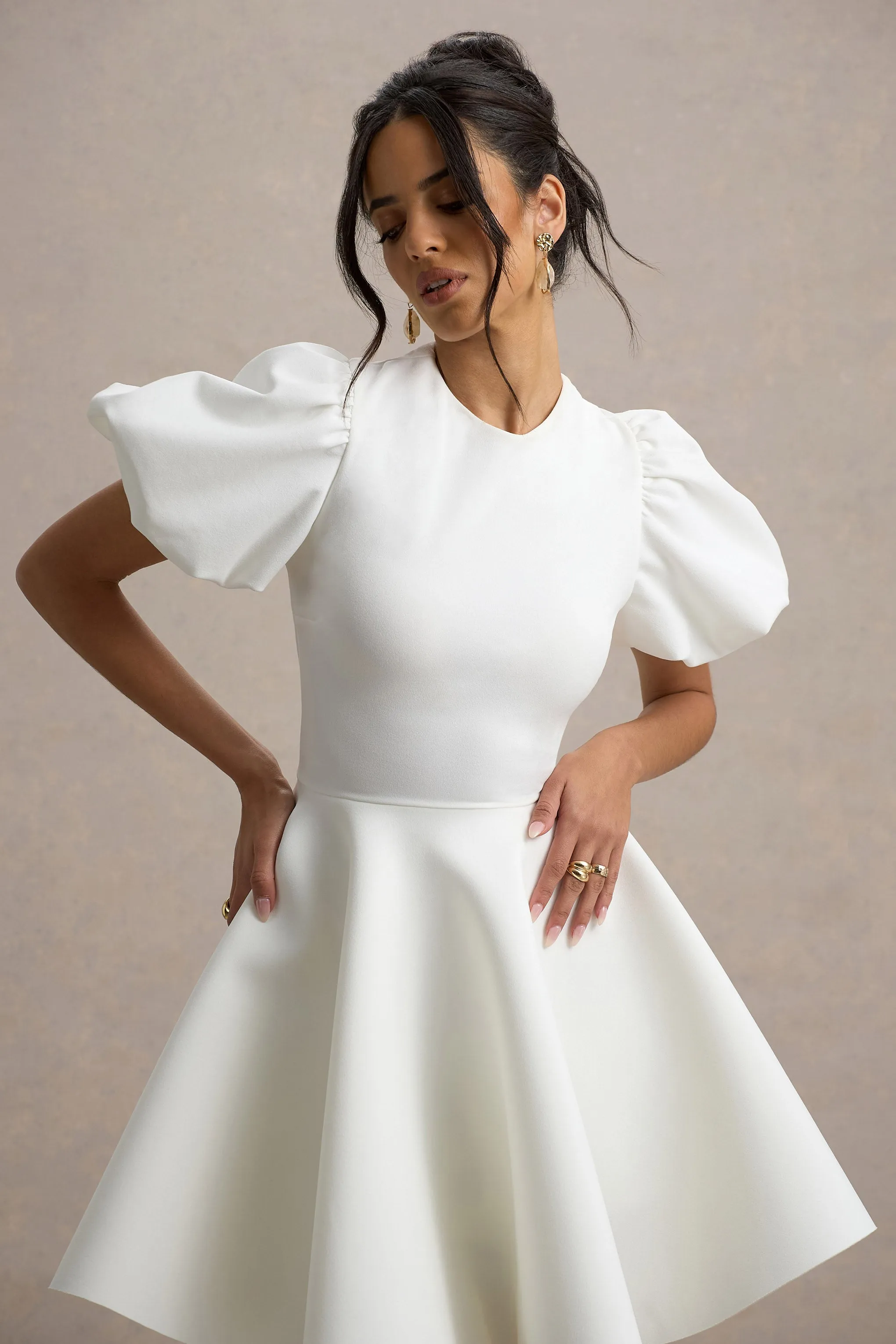 Emelia | White Puff-Sleeve Skater Dress Club L London