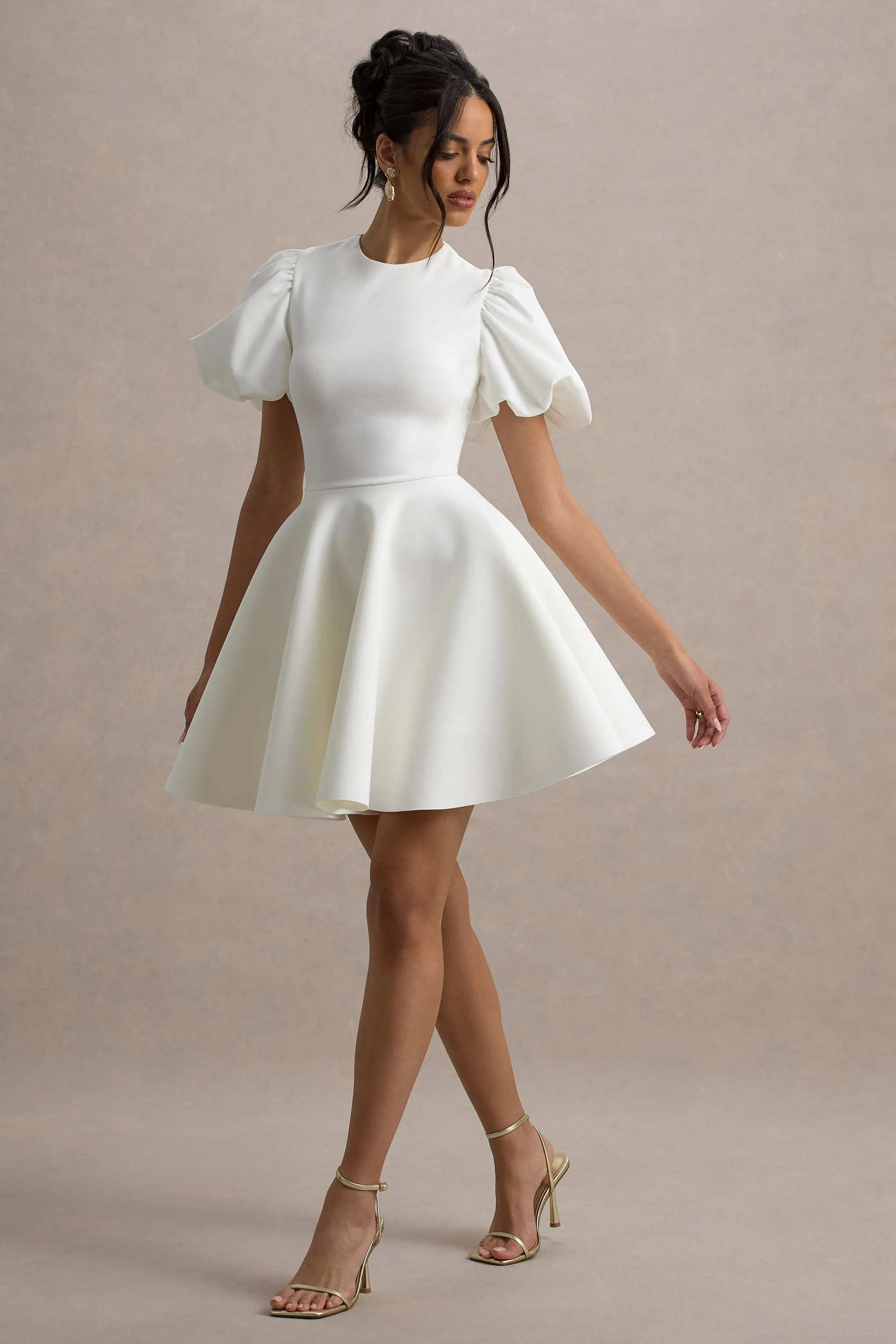 Emelia | White Puff-Sleeve Skater Dress Club L London