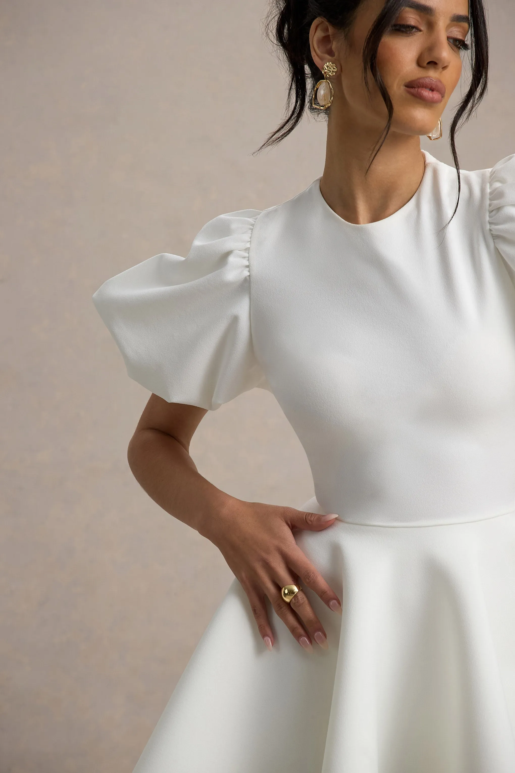 Emelia | White Puff-Sleeve Skater Dress Club L London