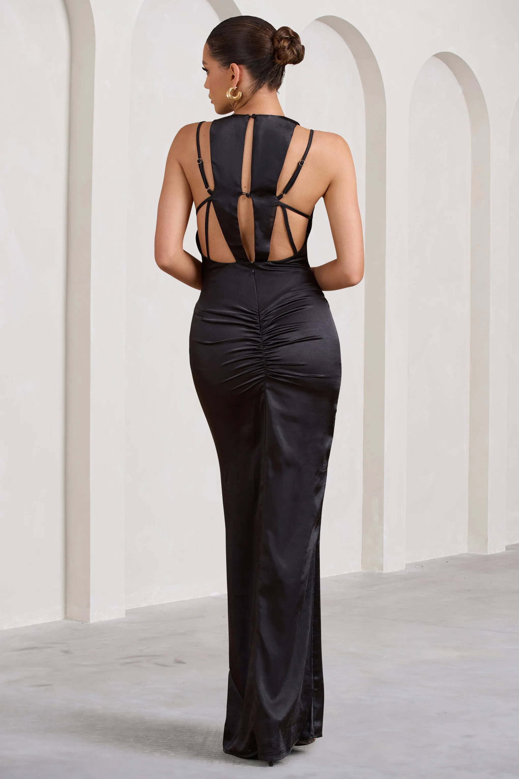 Emery | Black Satin Plunge Neck Strappy Back Maxi Dress Club L London