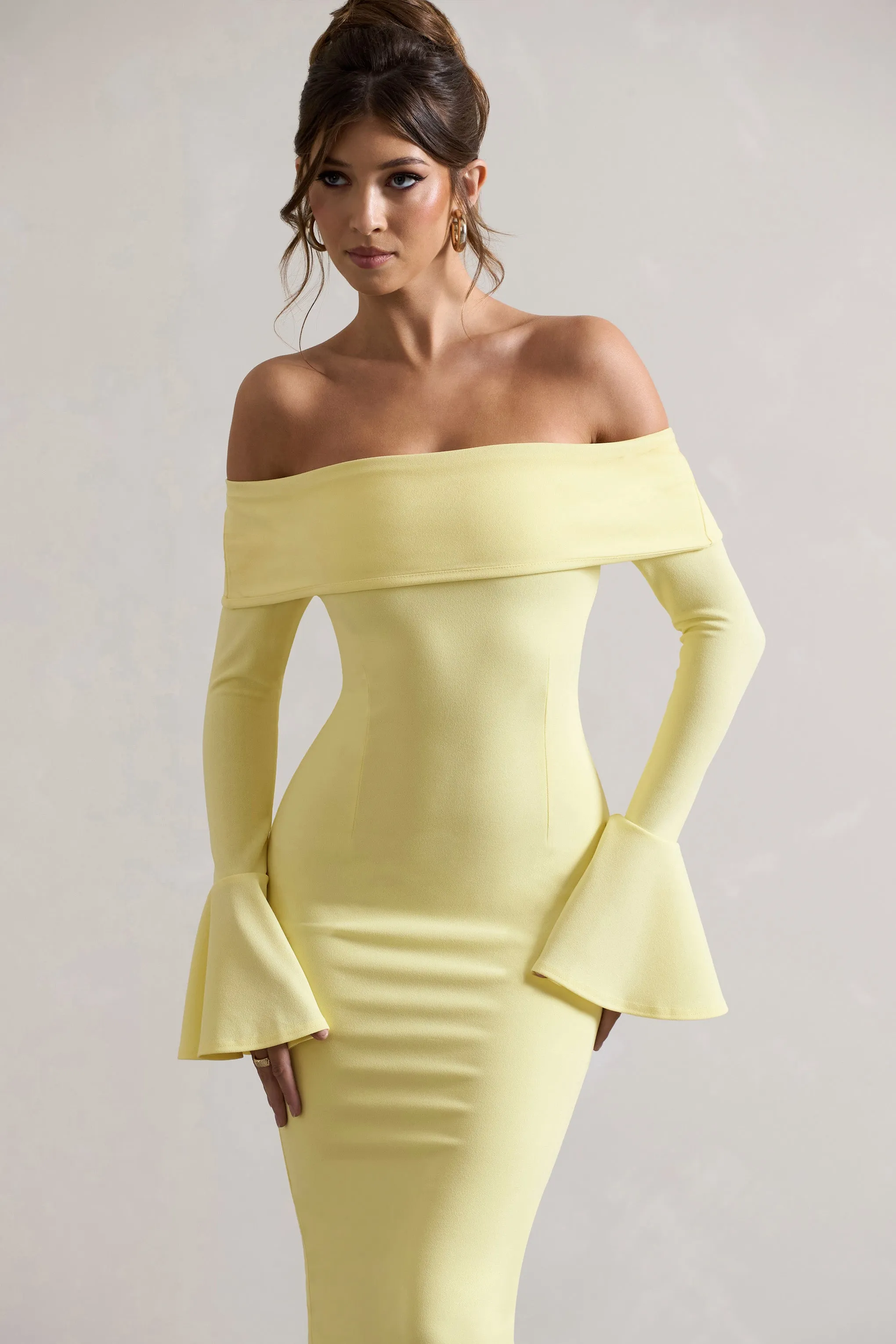Emma | Lemon Bardot Flared-Sleeve Midi Dress Club L London
