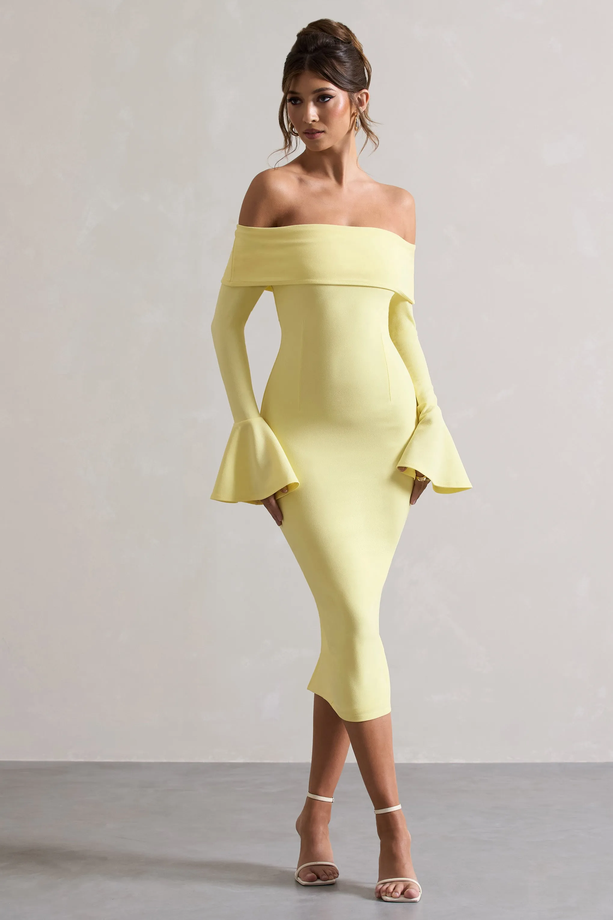 Emma | Lemon Bardot Flared-Sleeve Midi Dress Club L London
