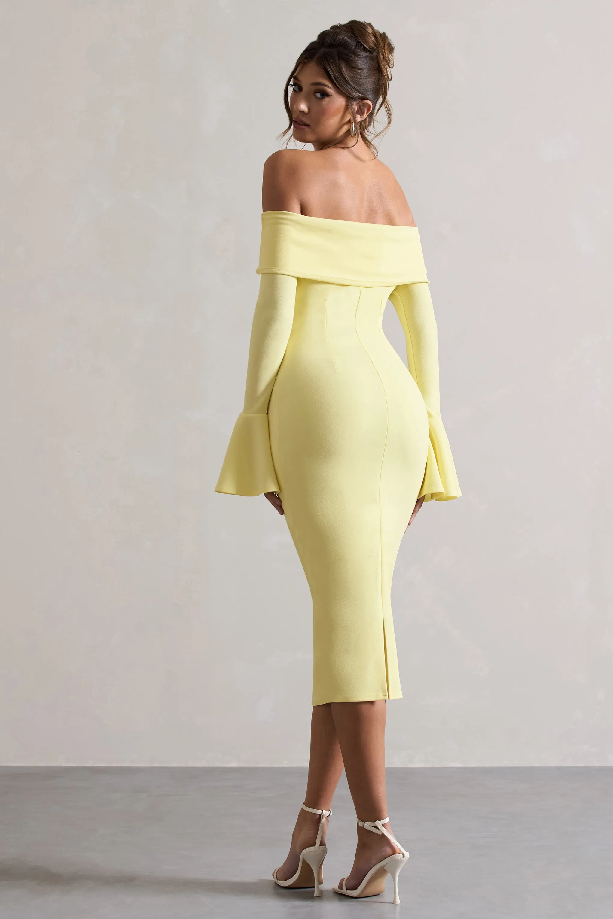 Emma | Lemon Bardot Flared-Sleeve Midi Dress Club L London