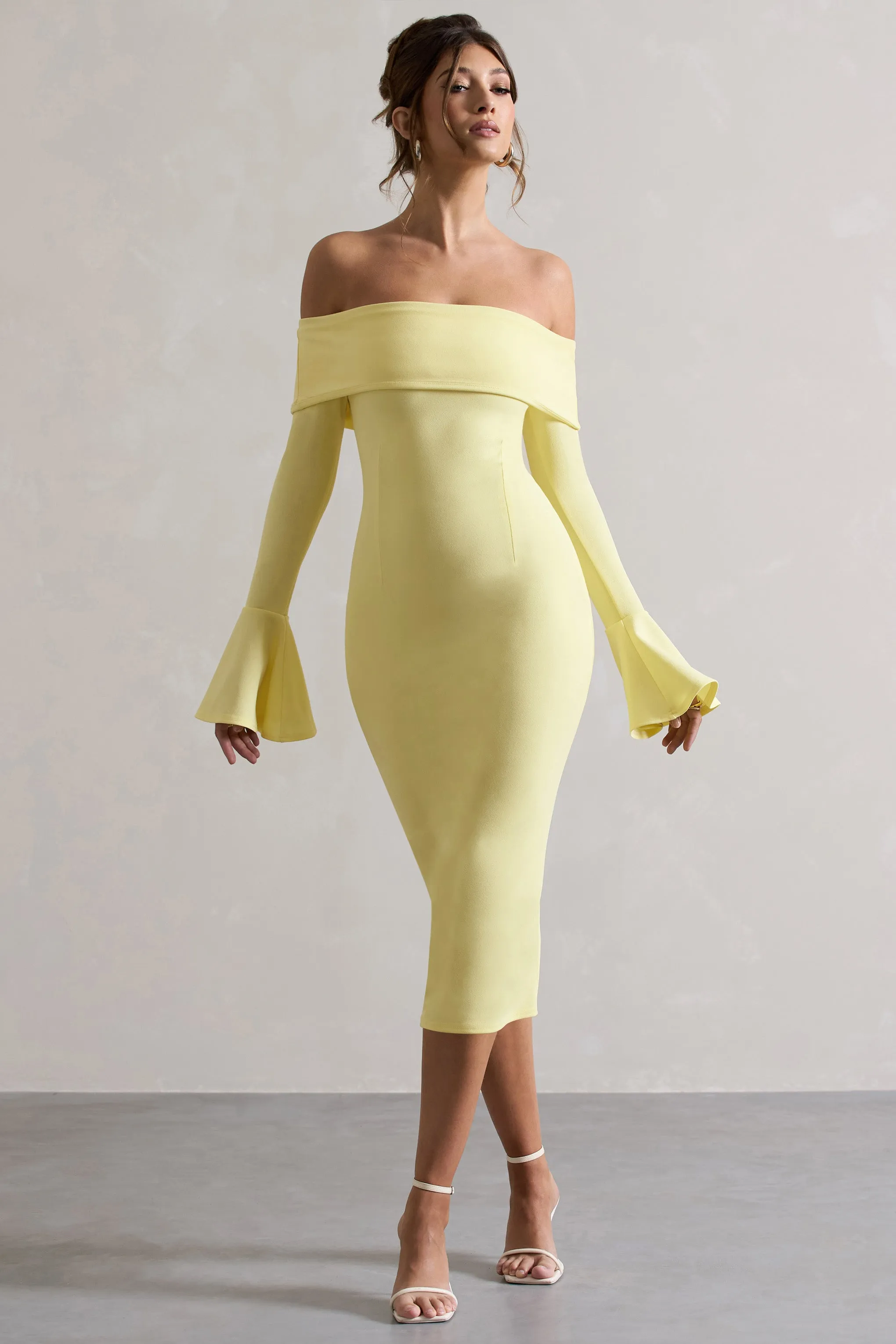 Emma | Lemon Bardot Flared-Sleeve Midi Dress Club L London