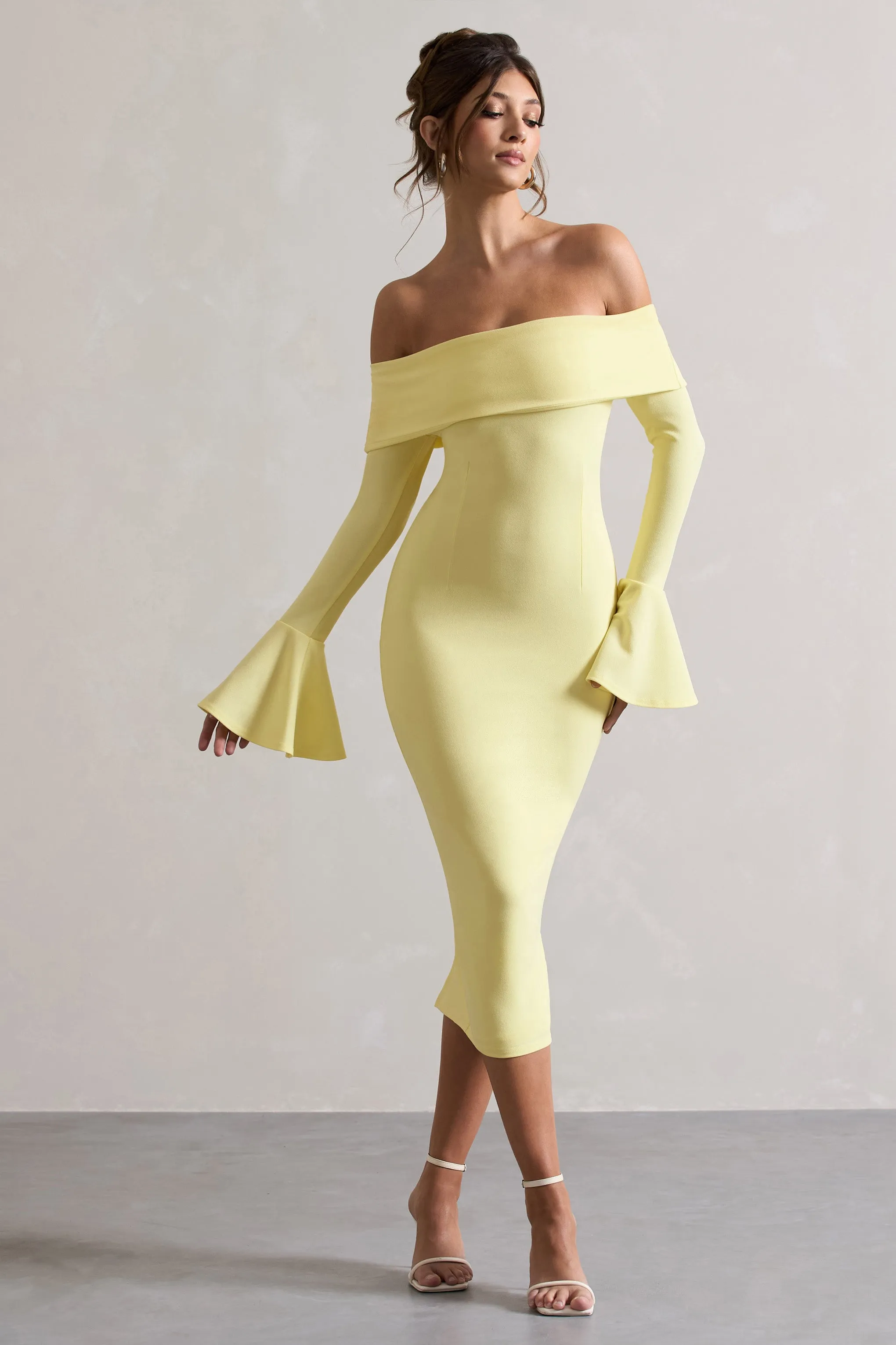 Emma | Lemon Bardot Flared-Sleeve Midi Dress Club L London