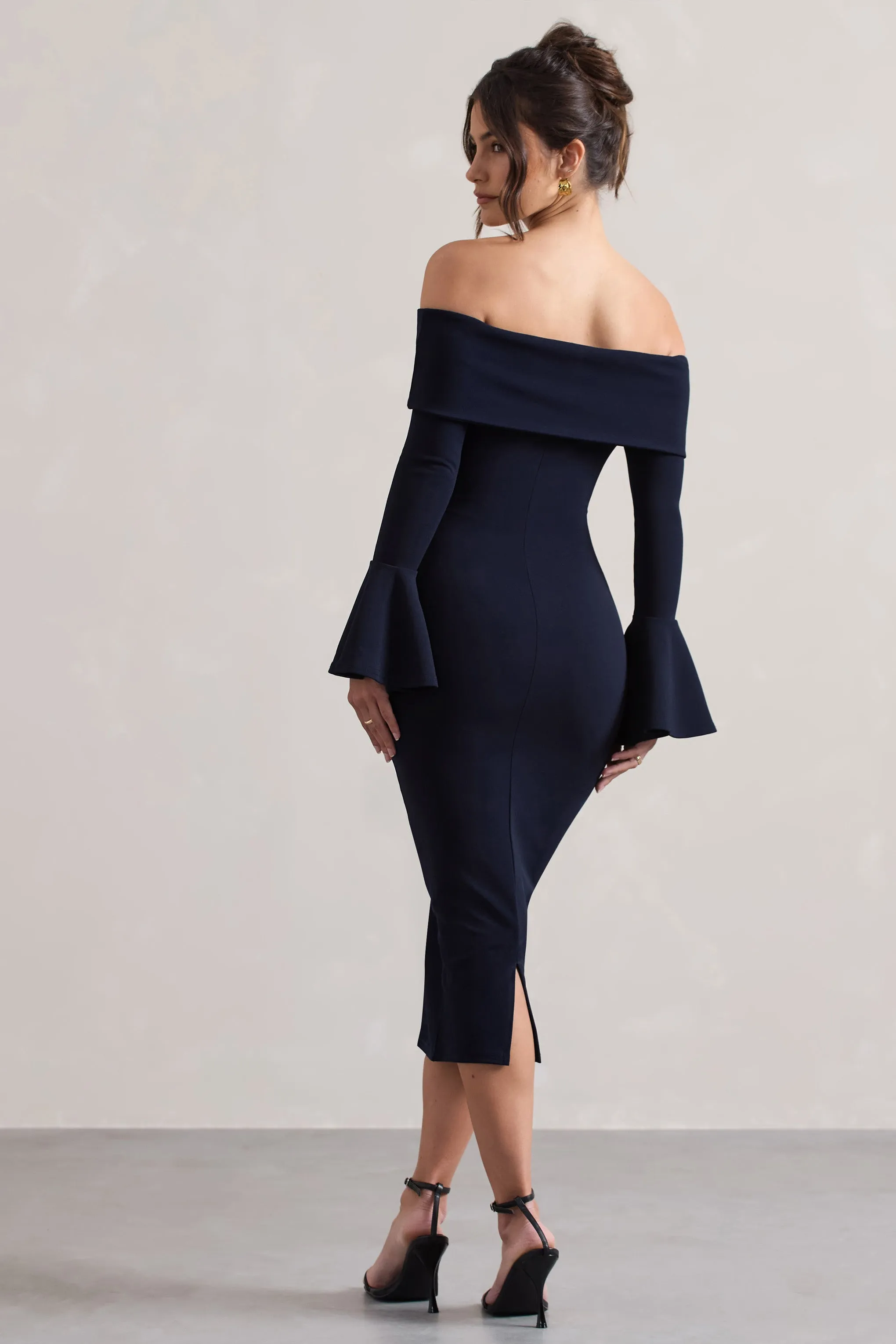 Emma | Navy Bardot Flared-Sleeve Midi Dress Club L London