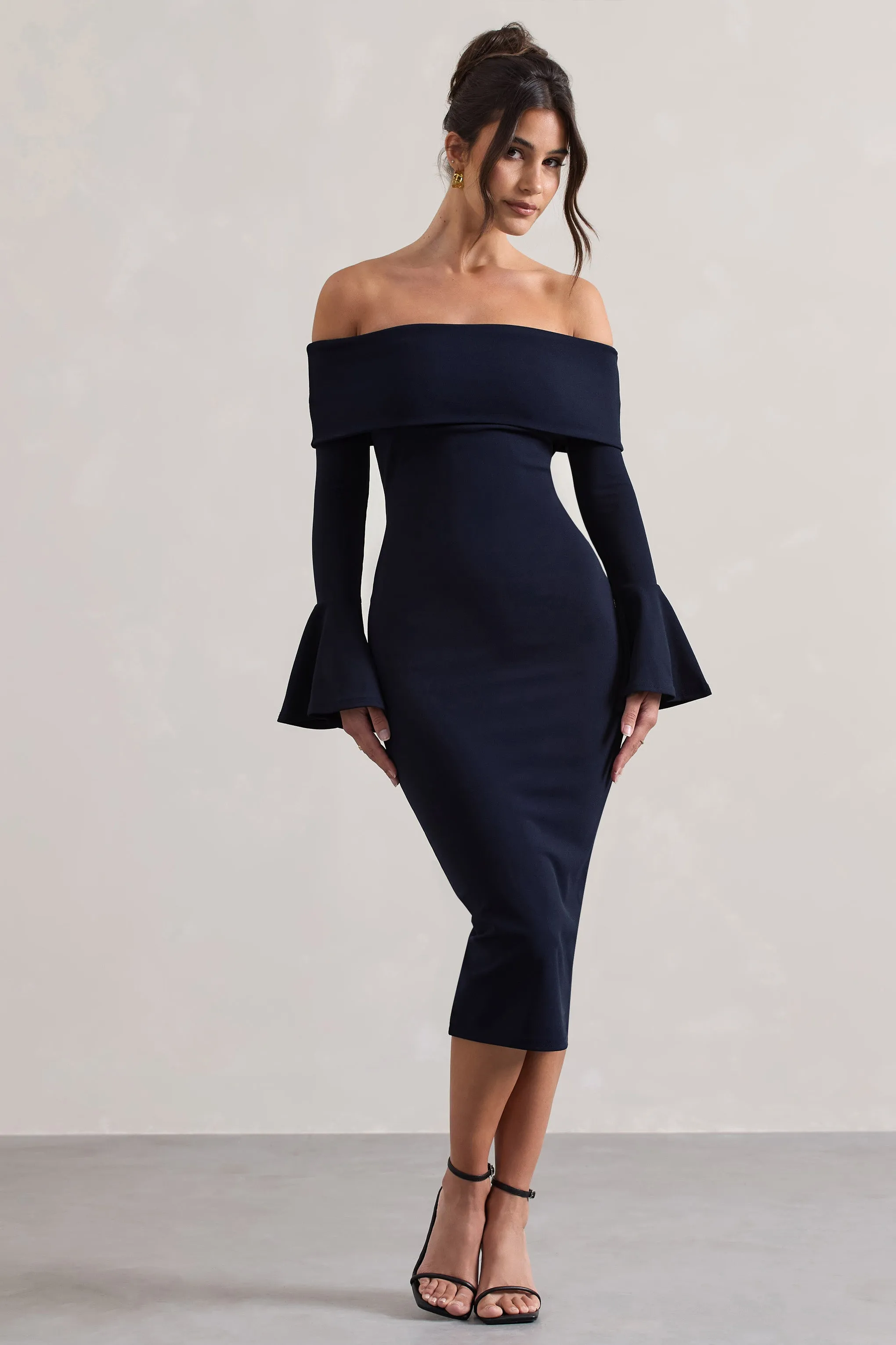 Emma | Navy Bardot Flared-Sleeve Midi Dress Club L London