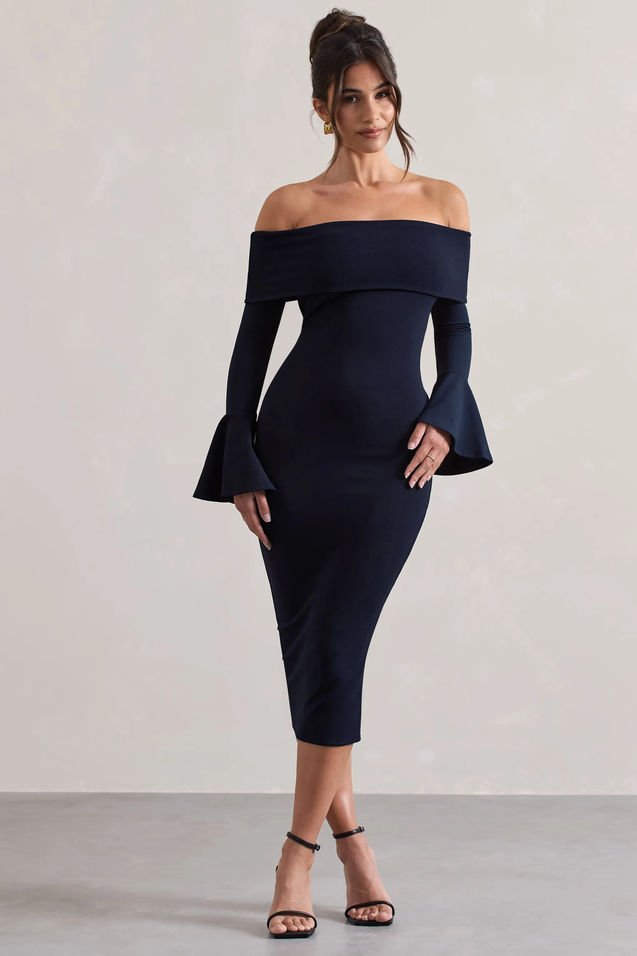 Emma | Navy Bardot Flared-Sleeve Midi Dress Club L London