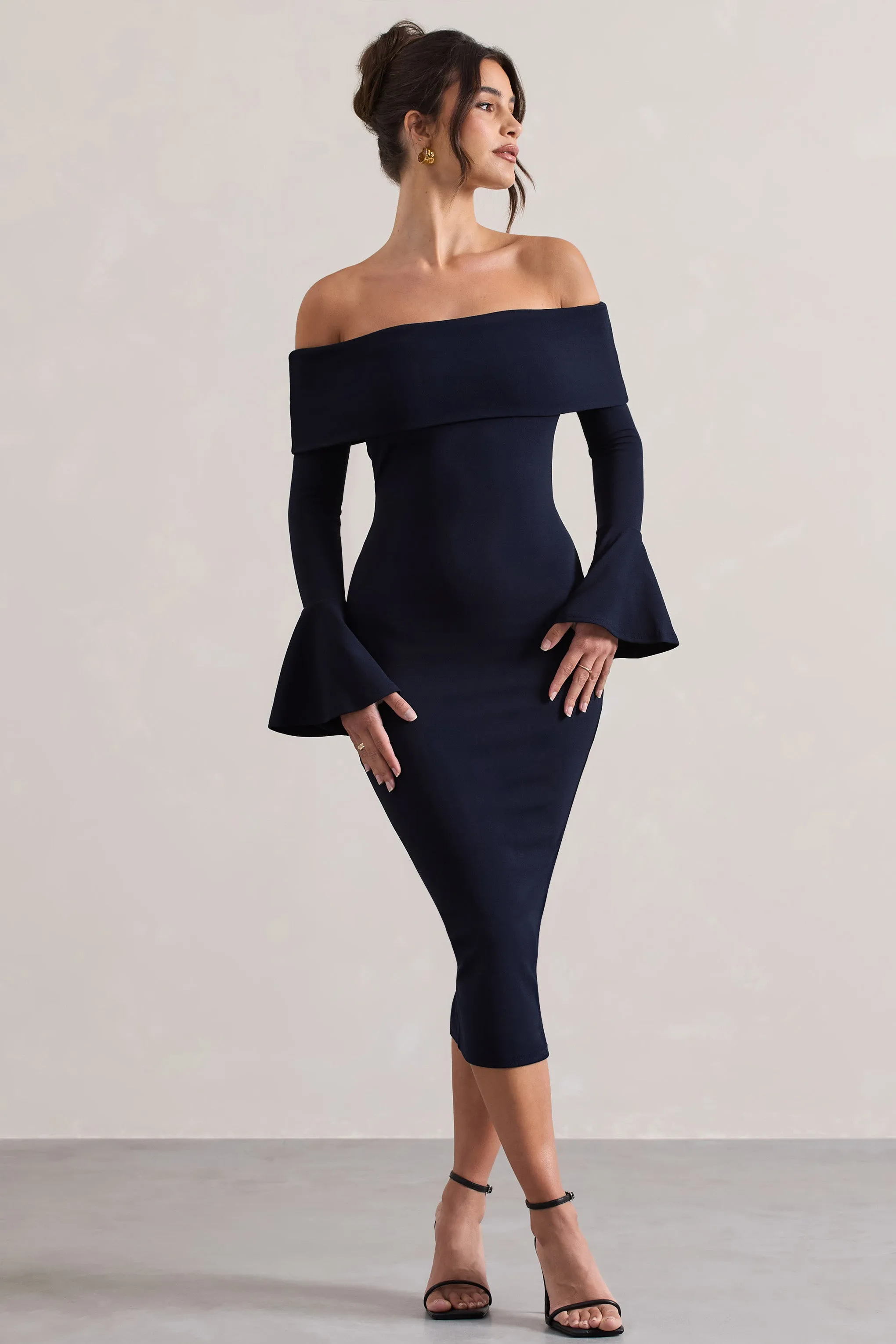 Emma | Navy Bardot Flared-Sleeve Midi Dress Club L London