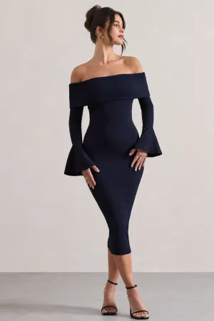 Emma | Navy Bardot Flared-Sleeve Midi Dress Club L London