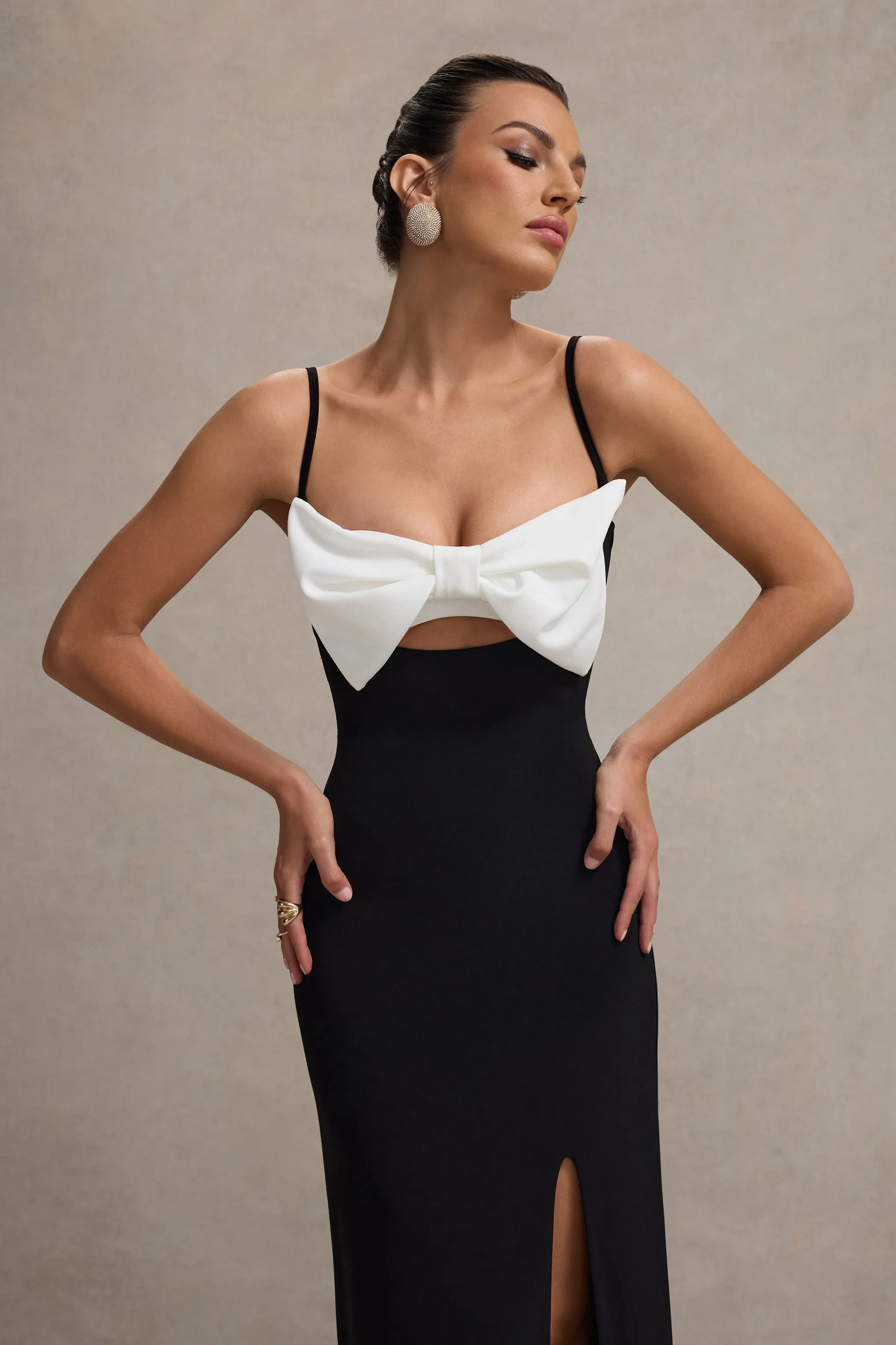 Emmalou | Black & White Strappy Split Maxi Dress With Bow Club L London