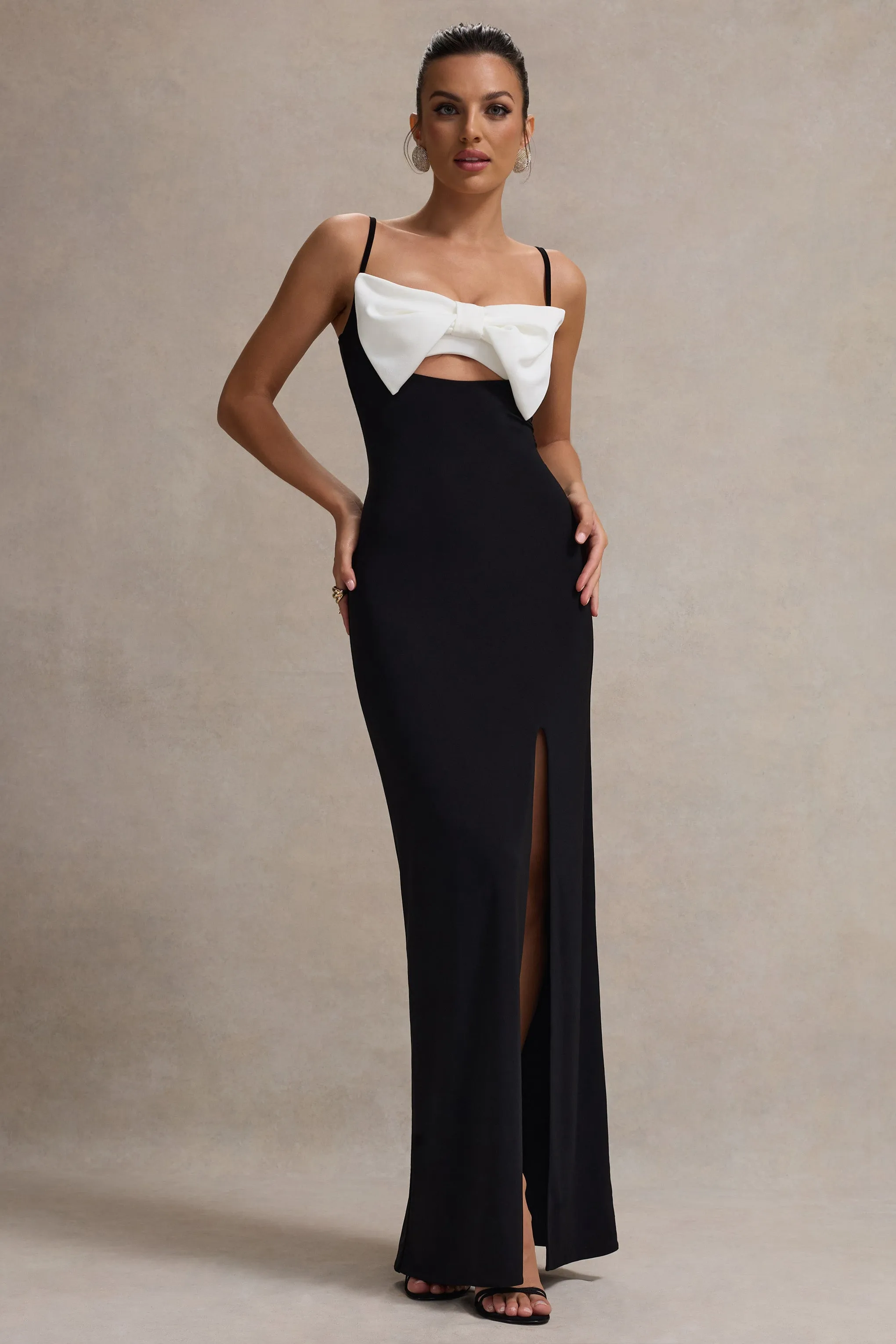 Emmalou | Black & White Strappy Split Maxi Dress With Bow Club L London